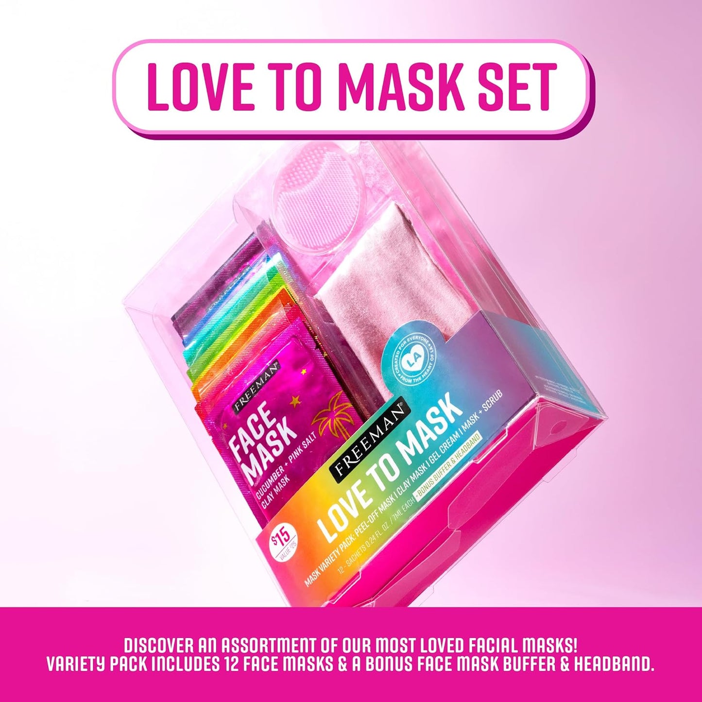 Freeman 14 Piece Love To Mask Variety Pack, Facial Masks For All Skin Types, Hydrate, Detoxify, & Clear Skin, Exfoliating Scrub, Bonus Headband and Skin Buffer, Face Masks Are Cruelty-Free & Vegan
