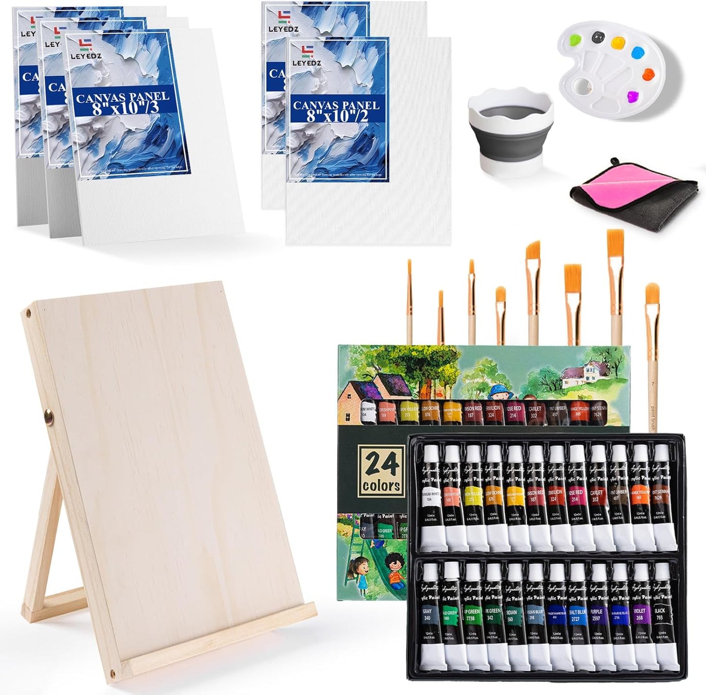 LEYEDZ Acrylic Paint Set for Kids & Adults, 41 PCS Paint Kit, Art Painting Supplies Kit with 24 Acrylic Paints, 8 Paint Brushes, 5 Canvas Panels