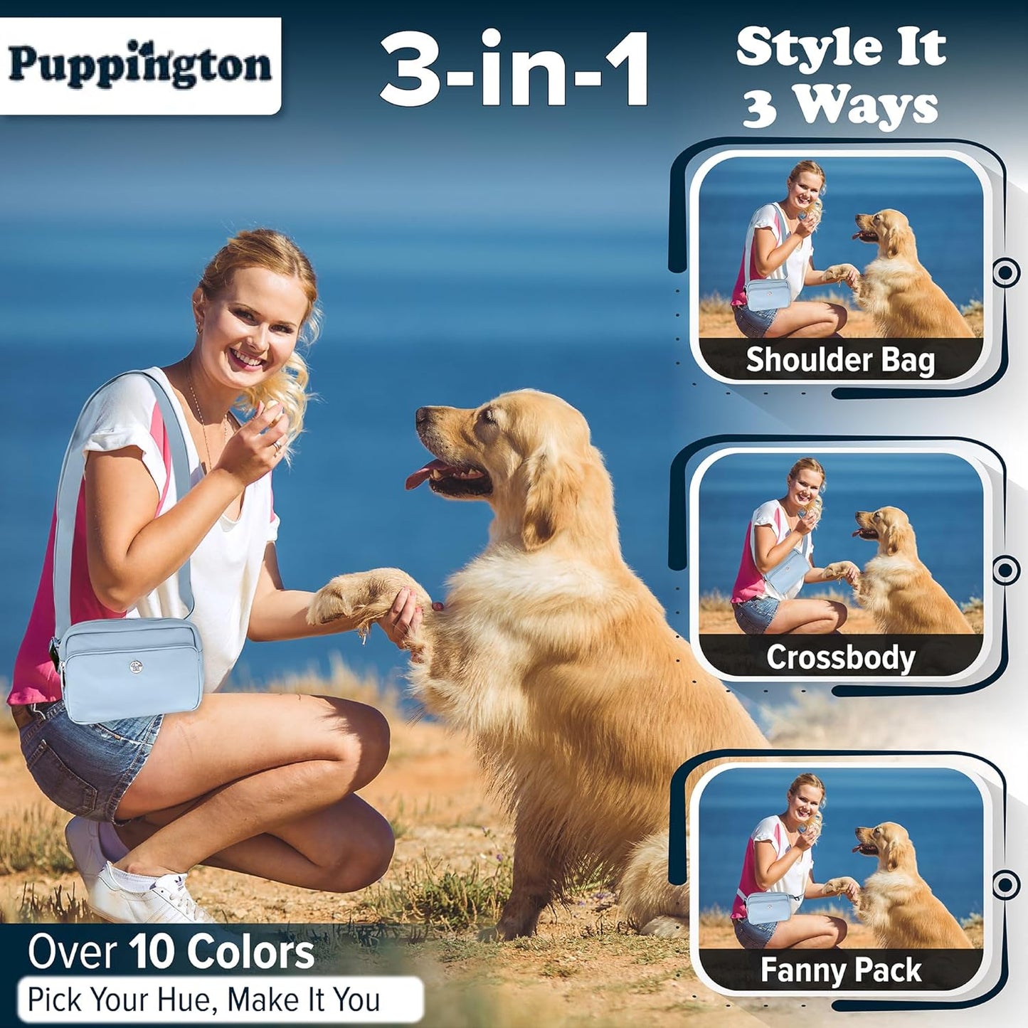 Puppington 3-in-1 Crossbody Dog Walking Bag & Treat Pouch with Matching Planet Safe Poop Bags & Built-In Dispenser - Dog Mom Gift for Puppy Training with Zippered Pockets (Ice Blue)