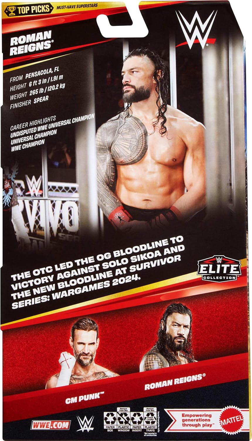 Mattel WWE Elite Collection Top Picks Action Figures & Accessories Set, 6-inch Collectible Roman Reigns with Swappable Hands & Ring Gear (Styles May Vary)
