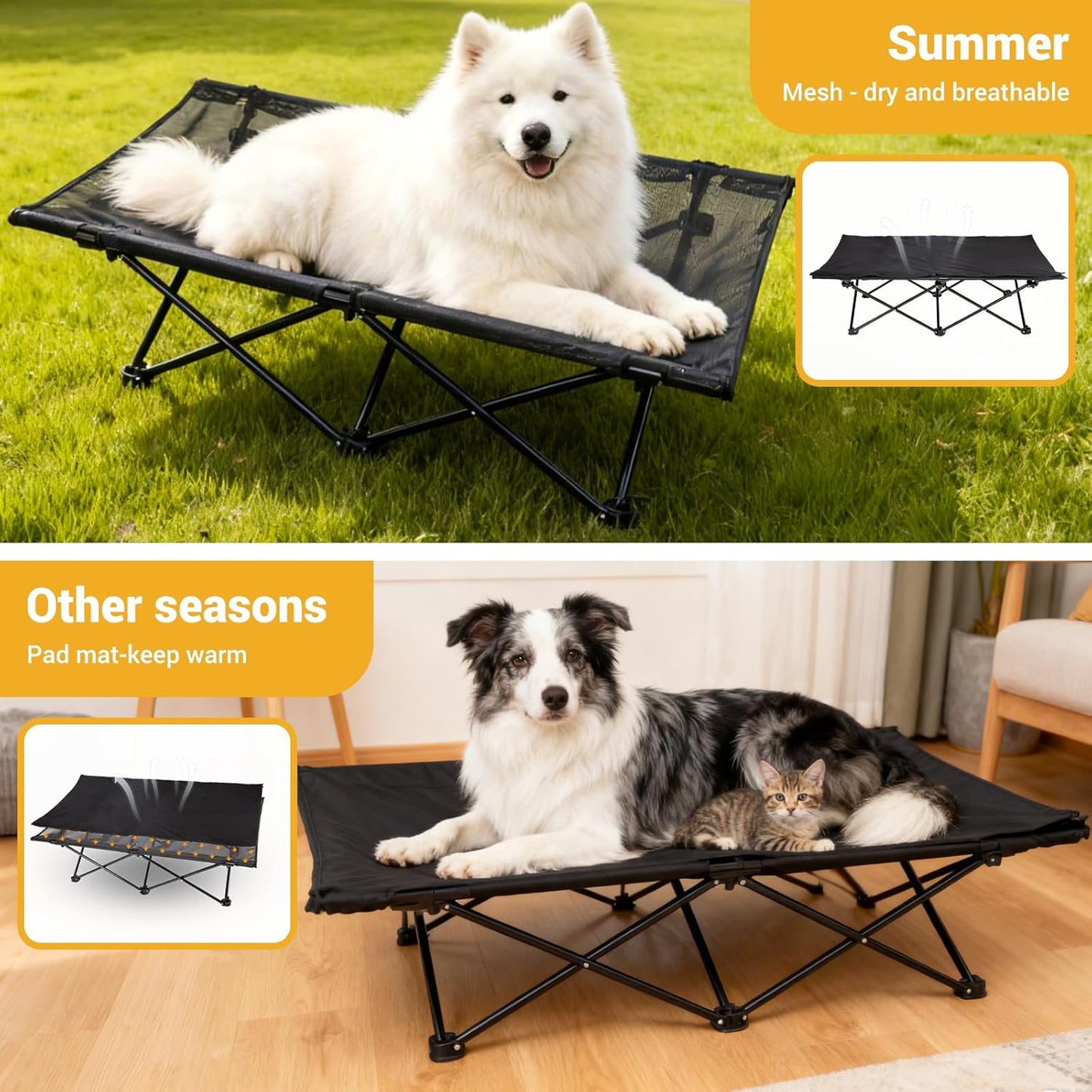 KingCamp Elevated Dog Bed for Large Dogs, Outdoor Raised Cooling Pet Cot Bed with Washable Breathable Mesh & No-Slip Feet Perfect for Camping, Backyard, Indoor Use (Large, Black)