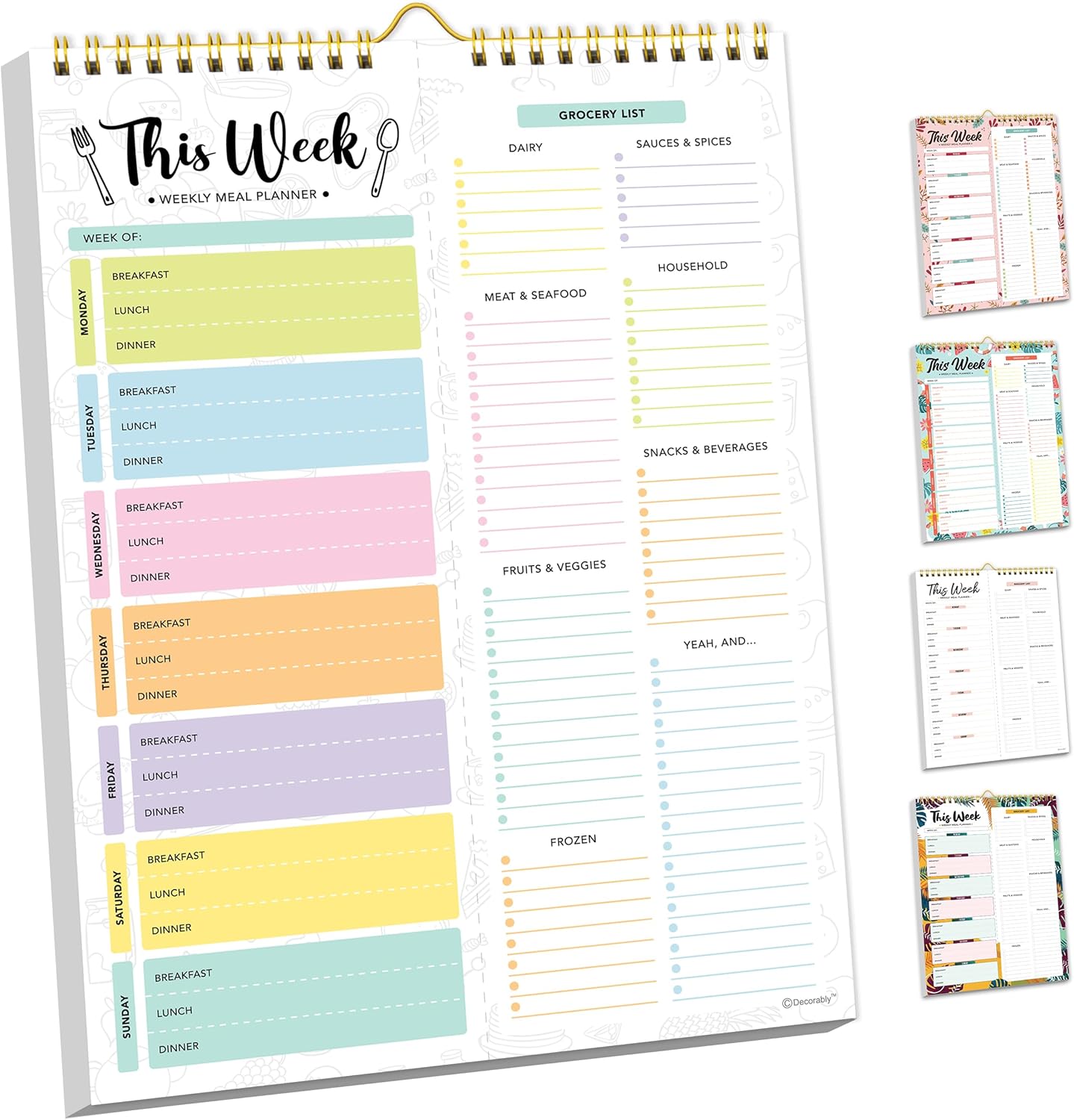 Decorably 52 Sheets Pastel Undated Magnetic Weekly Meal Planner and Grocery List Notepad with 4 Strong Magnets - 8.5x11in Spring-Bound, Refrigerator Mountable, Easy Tear-Off Design