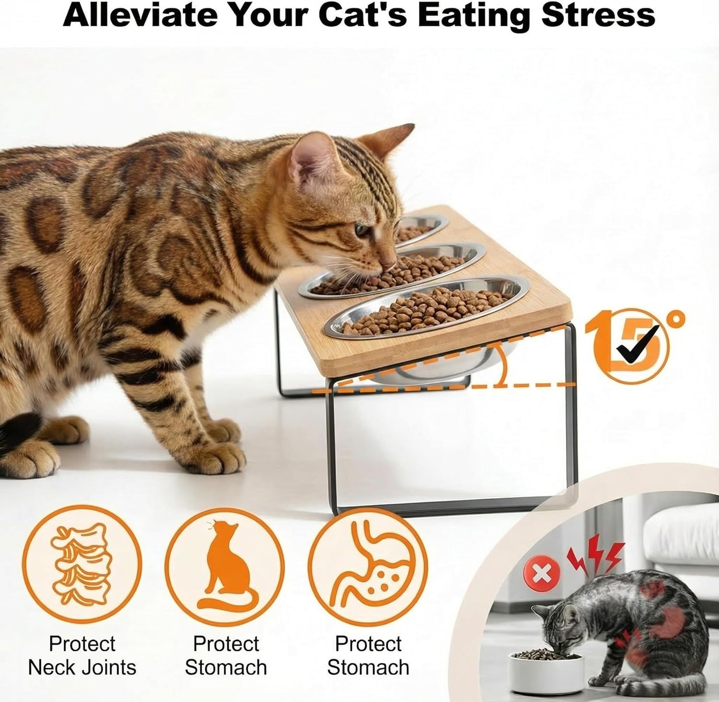 Tilted Raised Cat Bowls with Wooden Stand, Stainless Steel Food & Water Bowl Set for Cats and Kittens, Whisker Friendly, Anti-Spill, Dishwasher Safe, Double & Triple Bowl Options (Triple Bowl)