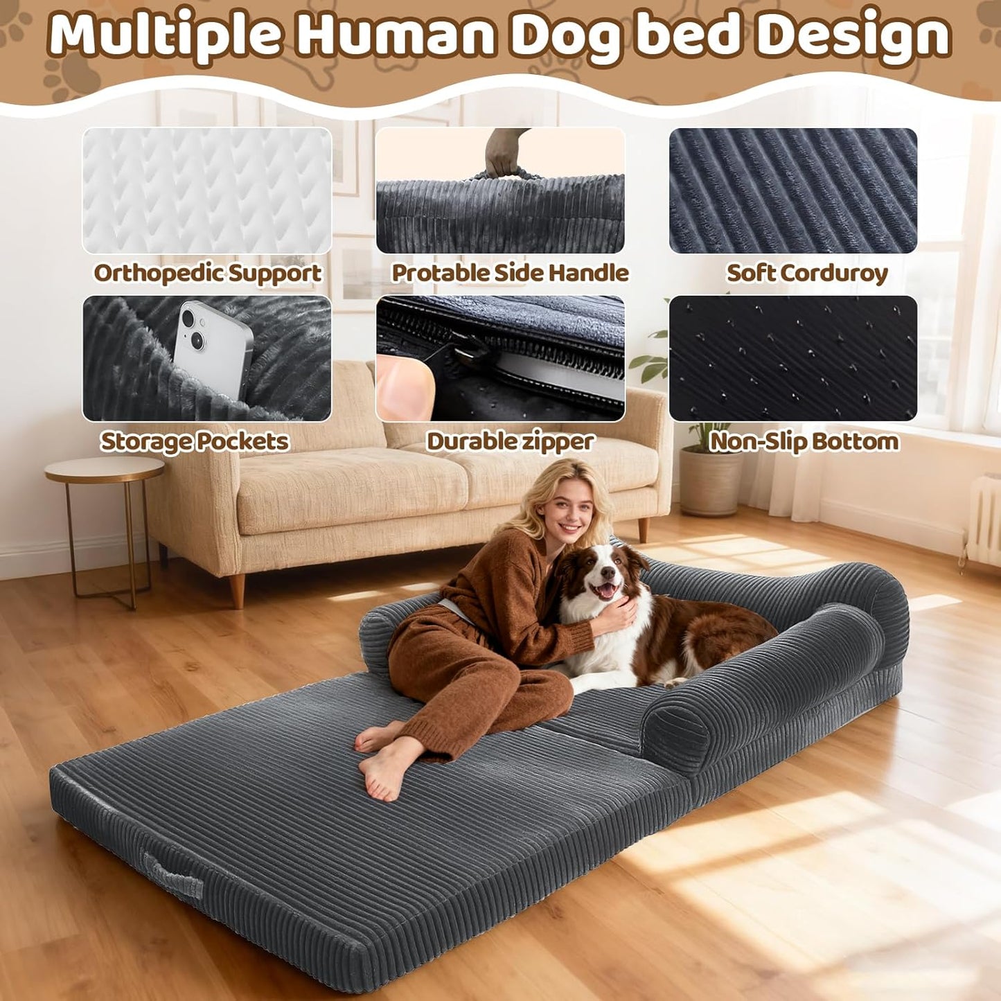 Foldable Human Dog Bed for Adult, 72"x43"x14" Giant Floor Bed for People & Pets with Orthopedic Memory Foam Sofa Bed Portable, Waterproof Machine Washable Cover, Dark Grey