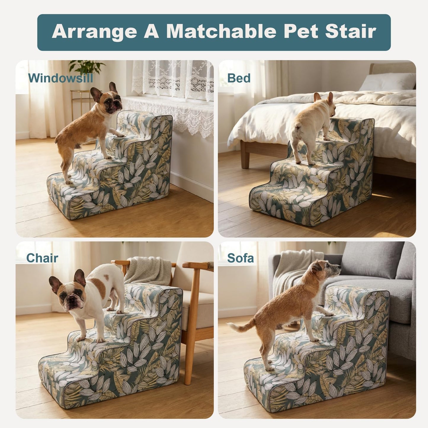 Dog Stairs for Small Dogs 18" H, 4-Step Dog Steps for High Bed with Non-Slip Bottom, Floral Indoor Pet Stairs, Pet Steps for Couch & Chair, Blue Yellow