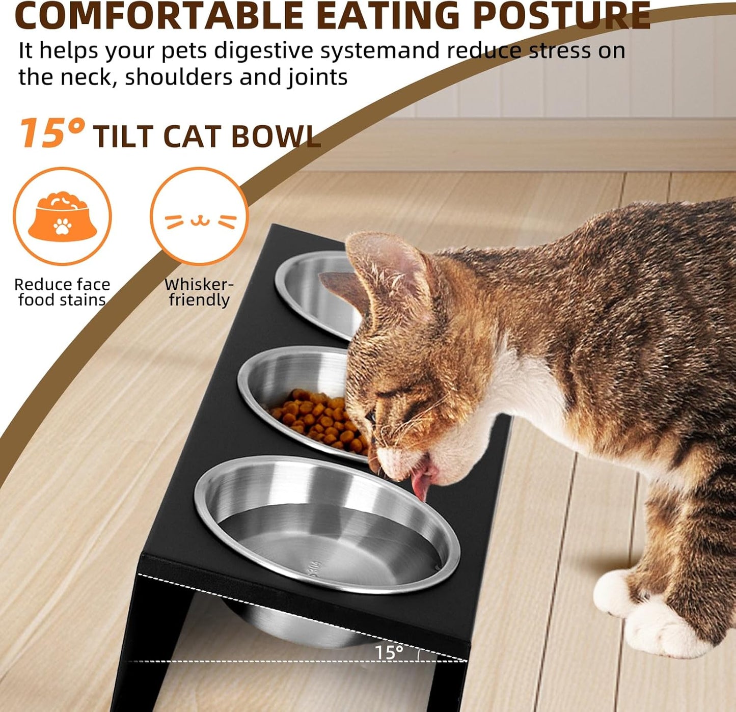 Elevated cat Bowls with Non-Slip Base, 15°Tilted Integrated Stand Anti Vomiting Raised Cat Dishes, Includes 3 Stainless Steel Bowls for Food and Water, Suitable for Cats and Small Dogs.