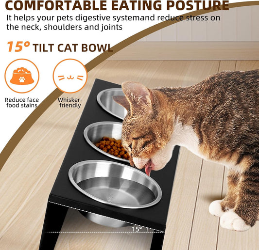 Elevated cat Bowls with Non-Slip Base, 15°Tilted Integrated Stand Anti Vomiting Raised Cat Dishes, Includes 3 Stainless Steel Bowls for Food and Water, Suitable for Cats and Small Dogs.
