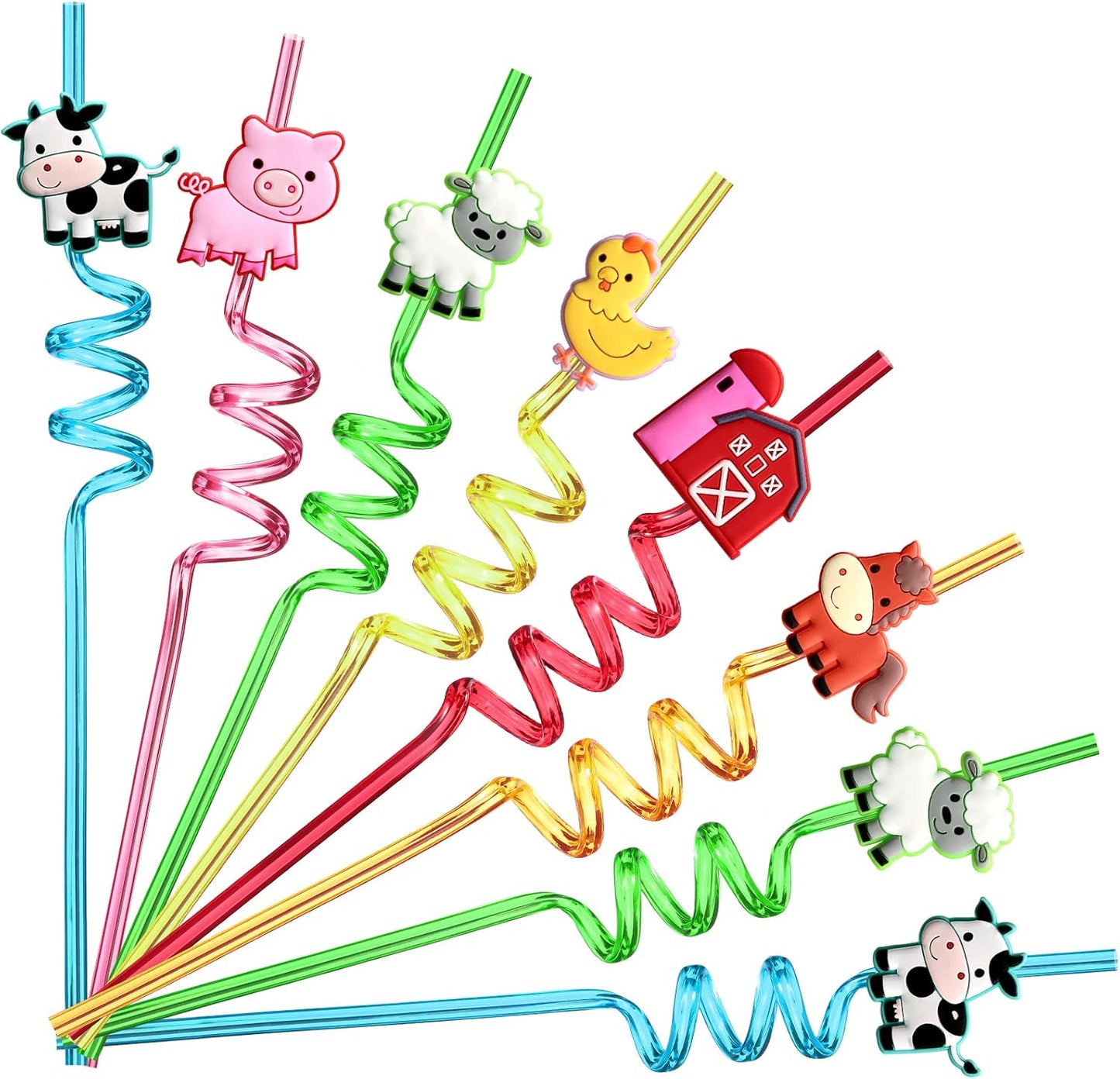 24 Reusable Farm Animal Plastic Straws Chicken Sheep Horse Cow Pig for Barnyard Farm Birthday Party Supplies Gift Favors with 2 Cleaning Brushes