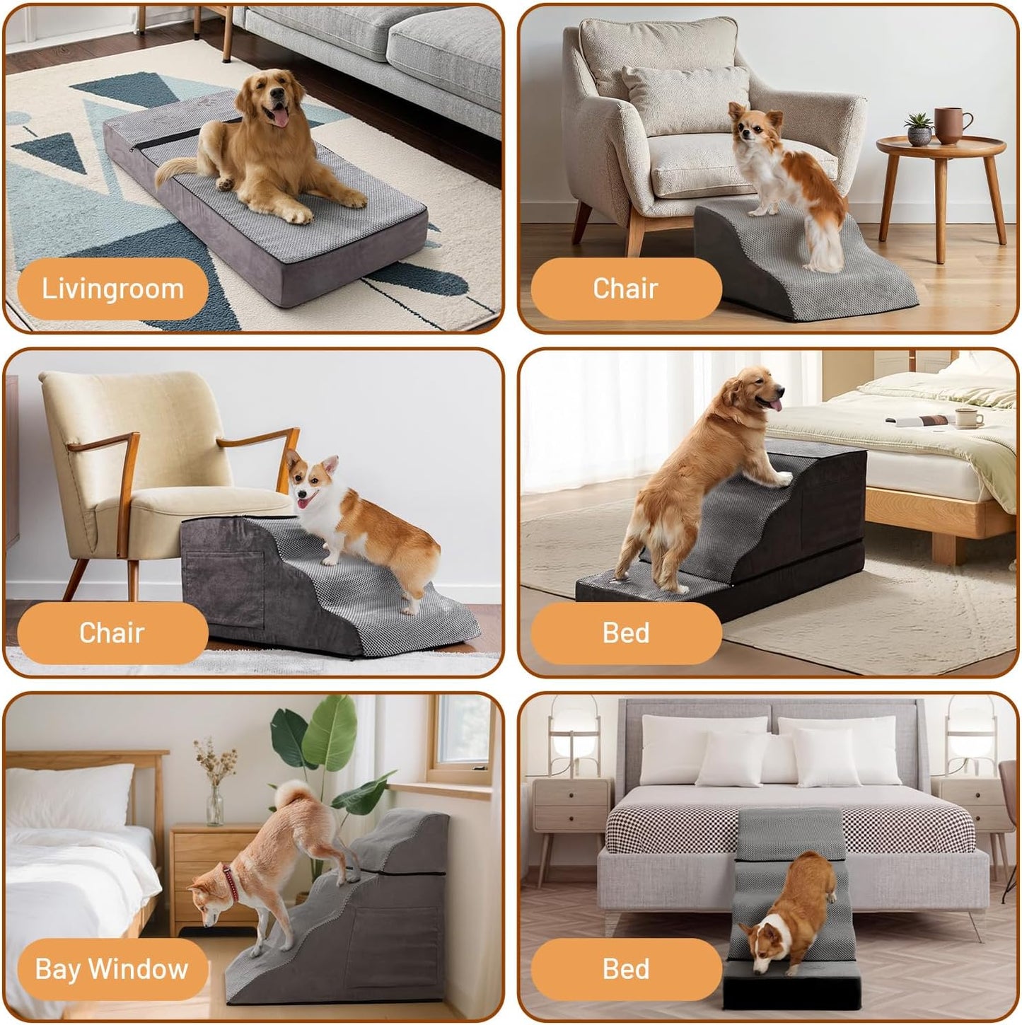 Large Dog Stairs – Extra Large Dog Steps for Bed, Couch & Car, 6-Step Pet Steps for Puppies & Senior Dogs, Pet Stairs with Washable Cover, Side Pockets, Non-Slip Bottom, 43.3" L x 19.7" W Grey