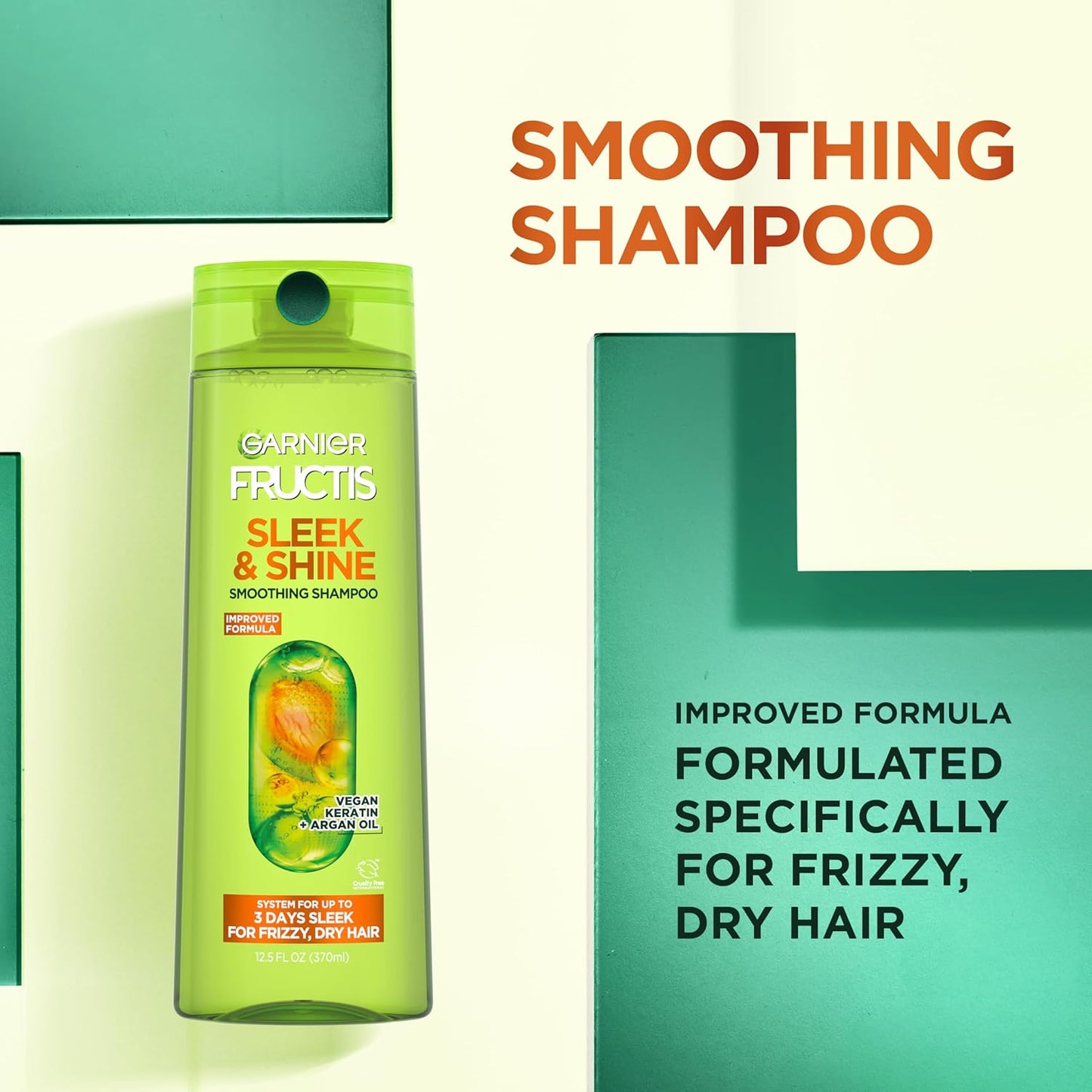 Garnier Fructis Sleek & Shine Shampoo, Conditioner + Leave-In Conditioer Set for Frizzy, Dry Hair, Plant Keratin + Argan Oil (3 Items), 1 Kit (Packaging May Vary)