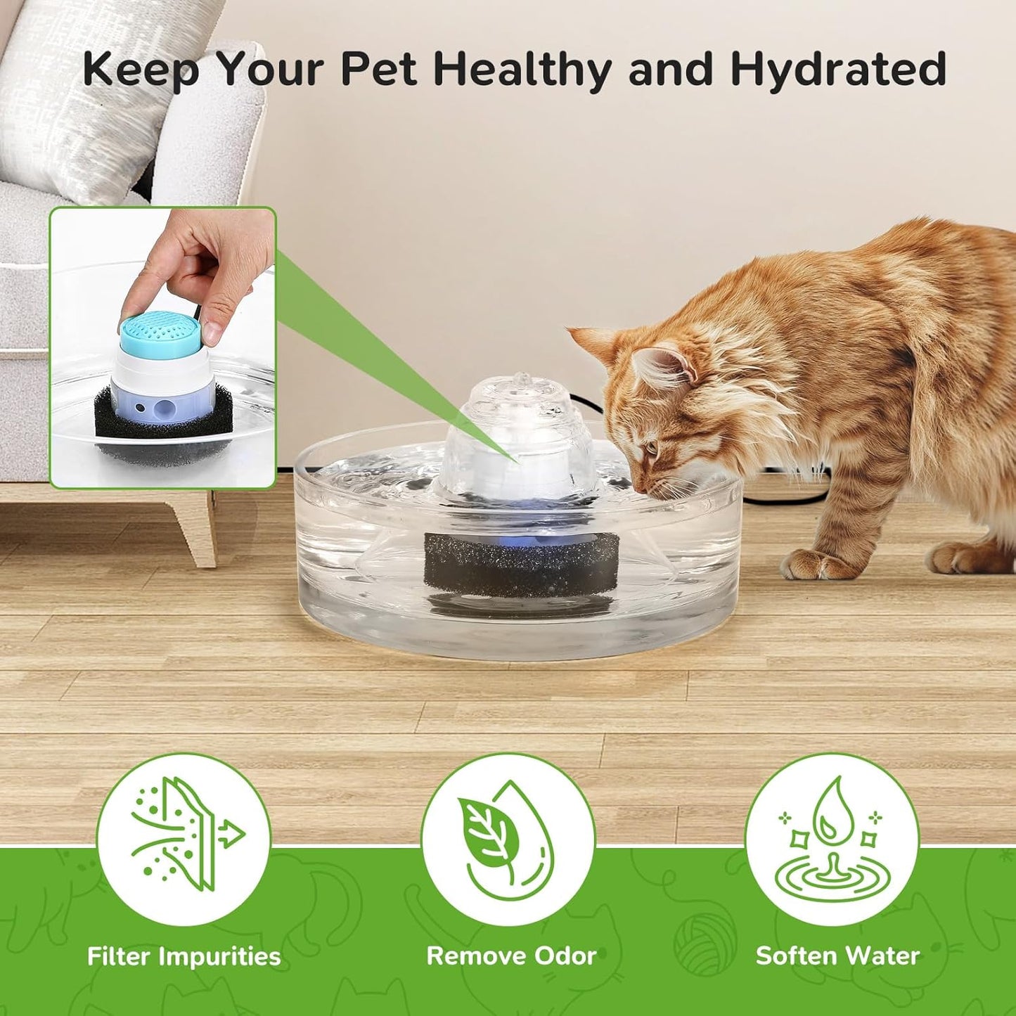 6 Packs Cat Fountain Filters & 6 Sponge Sets-Compatible with Cepheus 2.7L Glass Pet Fountain