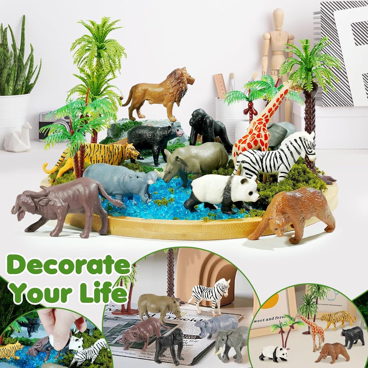 Rileryan 20 PCS Wild Jungle Rainforest Animals Diorama Supplies Kit Mini Safari African Animal Diorama Forest Zoo Plastic Animals Figurines Accessories Home Decor