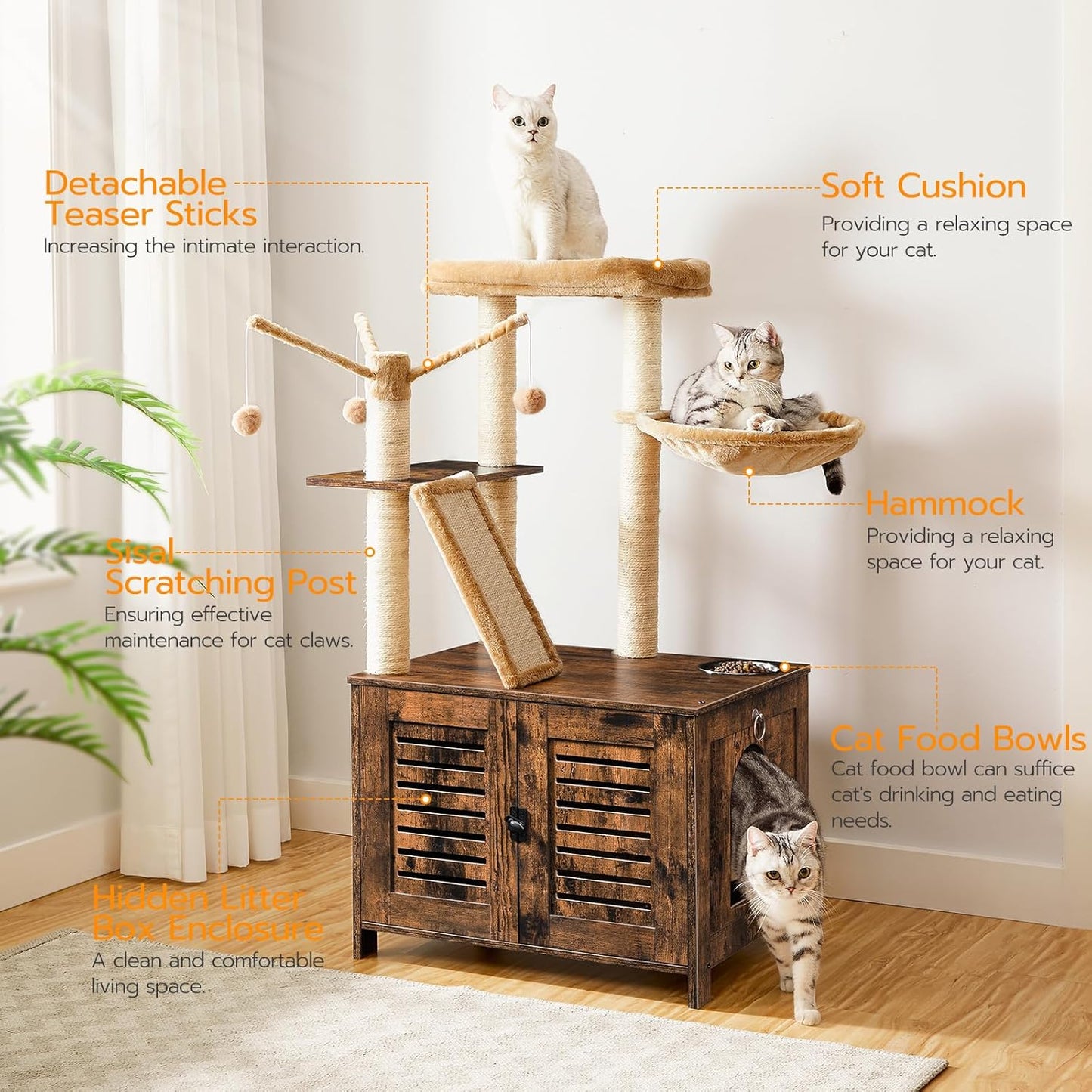 HOOBRO Cat Tree with Litter Box Enclosure, 44" Tall Wooden Cat Tower with Scratching Posts, Cat Hammock, Hidden Litter Box Furniture, All-in-One Indoor Cat Condo, Rustic Brown FG48MZ03