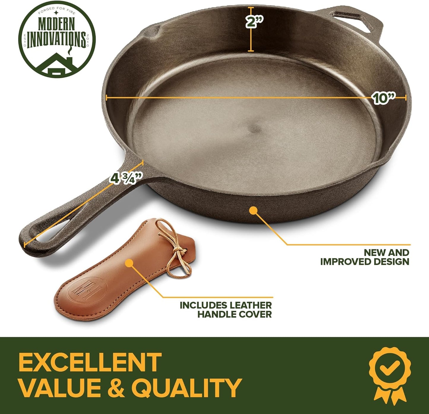 Modern Innovations 10 Inch Cast Iron Skillet, Pre-Seasoned Smooth Polished Surface, Heavy-Duty, Naturally Non-Stick 100% Cast Iron Frying Pan- Saute, Sear & Grill on Campfires, Stoves & Ovens