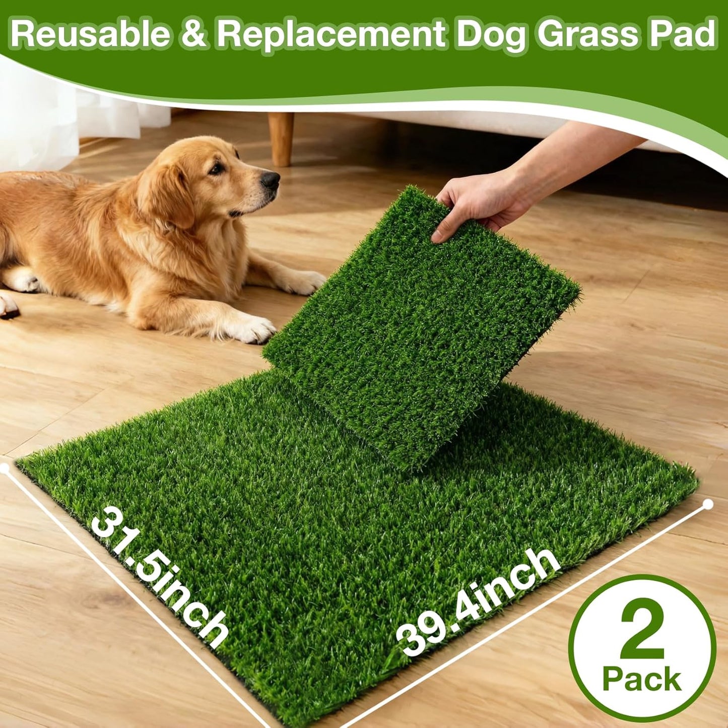 TOOKOO Realistic Fake Grass Pee Pad for Dogs Potty Traning - 2 Pack 31.5"x39.4" Replacement Pet Artificial Grass Patch Turf Indoor Outdoor Use