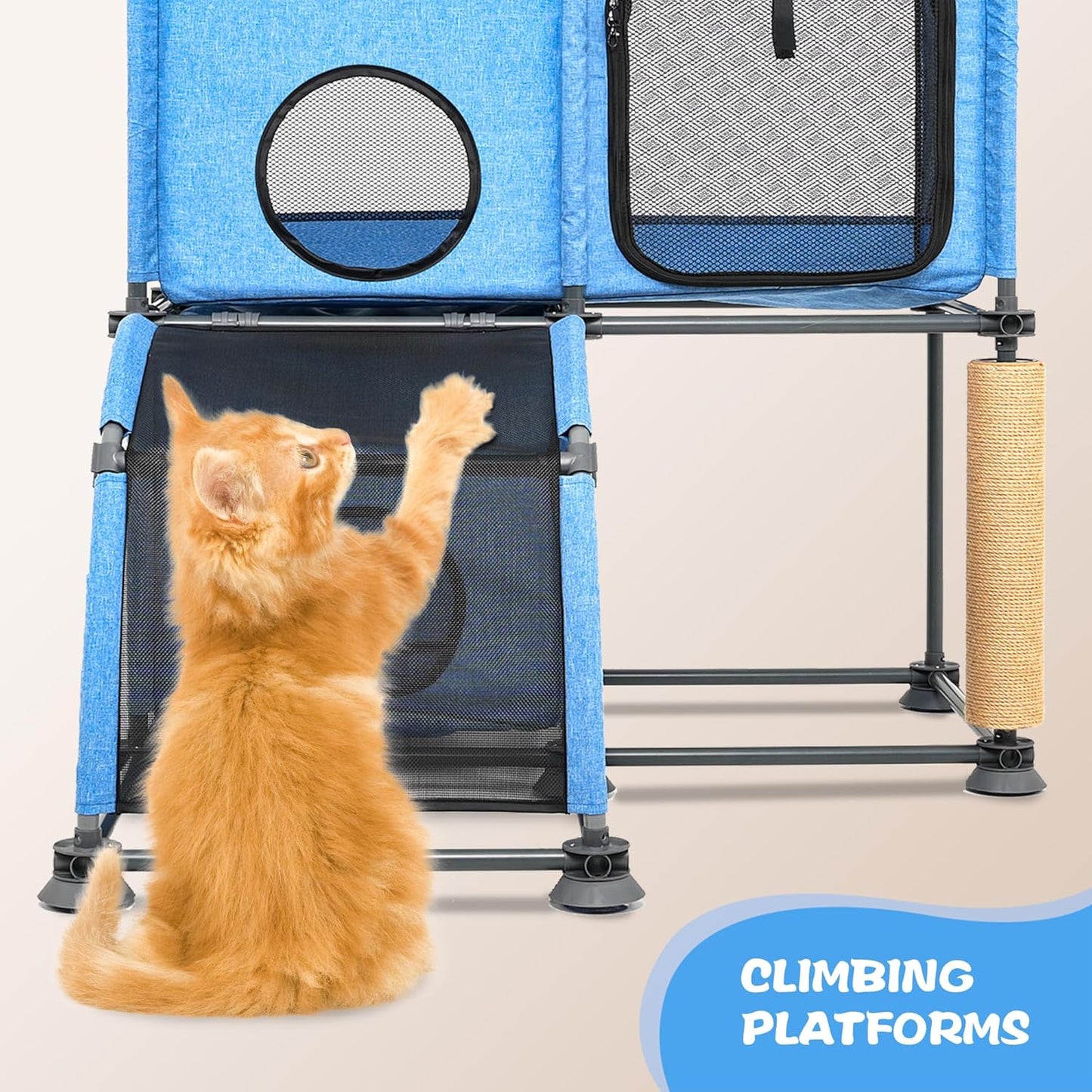 Large Cat Hamock Bed with Scratching Post – Multi-Level Cat Tree with House Condos & Ladder for Indoor/Outdoor Use+Blue/Three-Tier
