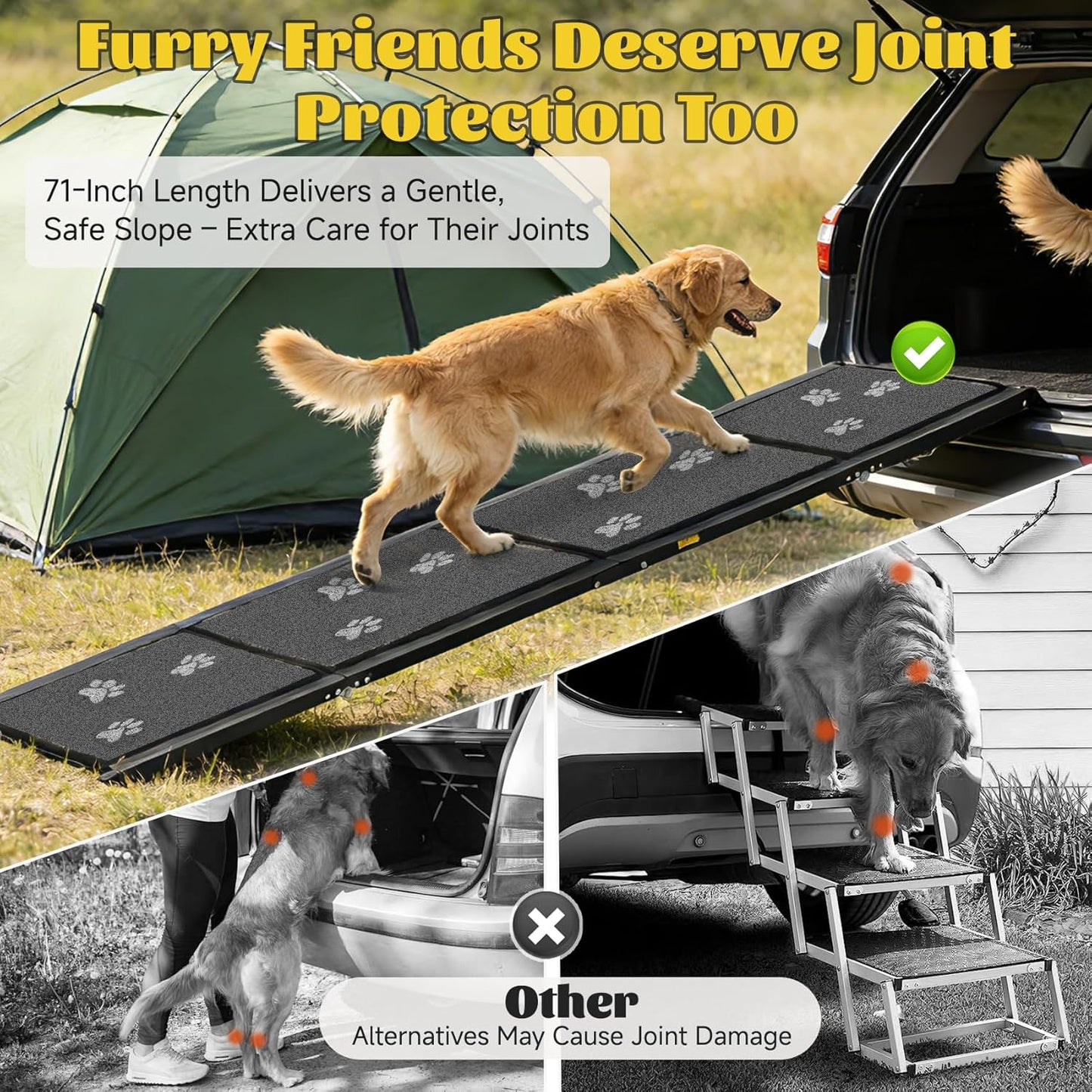 Dog Ramp for Car 71" X-Long & 17" Wider Portable Dog Ramps for Large Dogs Non Slip Rug Surface Extended Step Design for SUV Car and Truck Folding Dog Ramp Supports Up to 270LBS