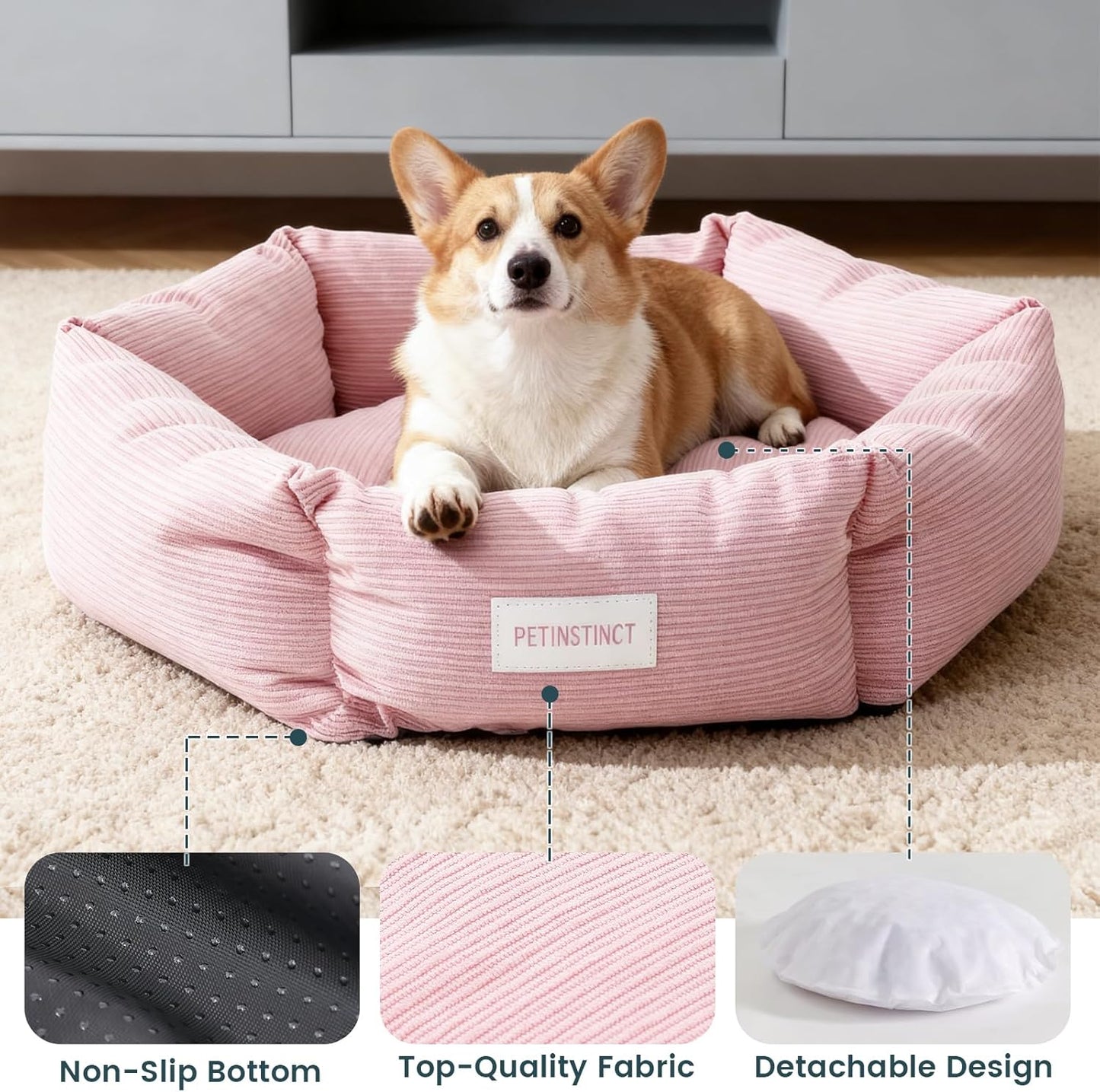 Medium Dog Bed, 30 Inch Washable Corduroy Dog Bed with Removable Cover & Anti-Slip Bottom, Durable Comfort for Medium to Large Dogs up to 45 lbs (Gray)