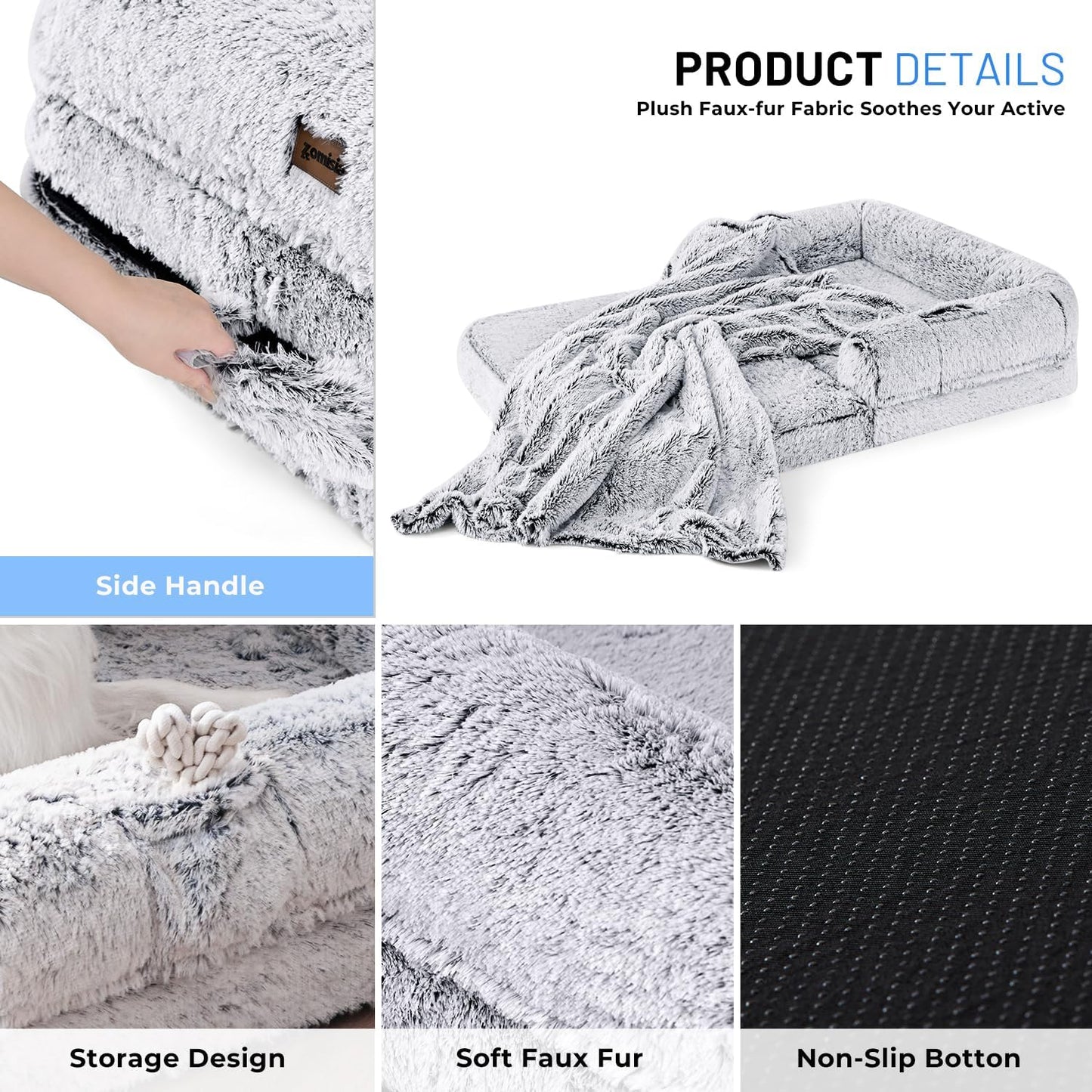 Human Dog Bed for Adult, 2 in 1 Foldable Giant Dog Bed for People Fits Pet Families, Egg Foam Supportive Mat, Waterproof Liner, Faux Fur Human Size Pet Bed with Blanket, 71"x43"x10", Grey