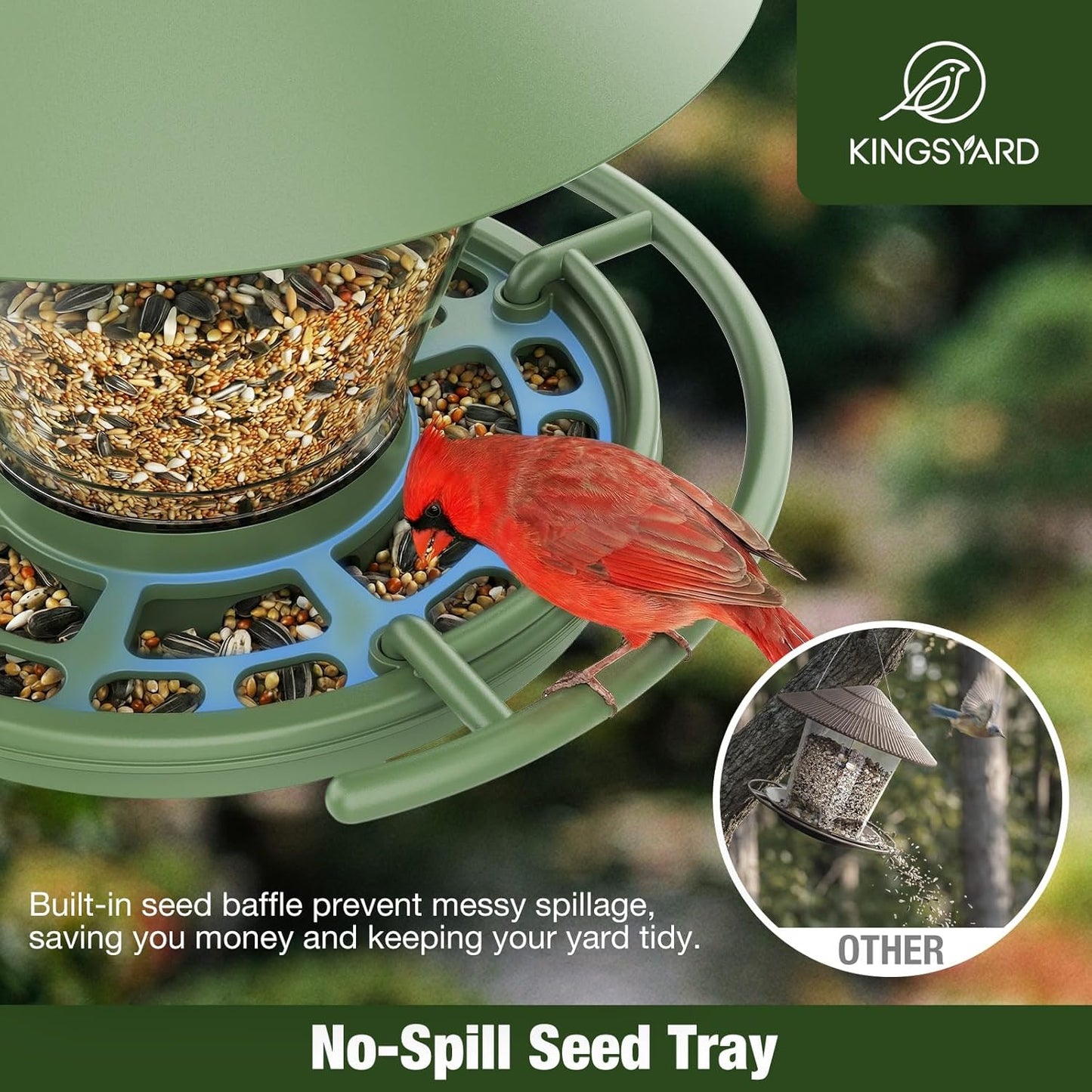 Kingsyard Wild Bird Feeder for Outdoors Hanging, No-Waste Tray with Seed Guard & Circular Perch, Garden Yard for Cardinal Finch, 4 lb Large Capacity, Green