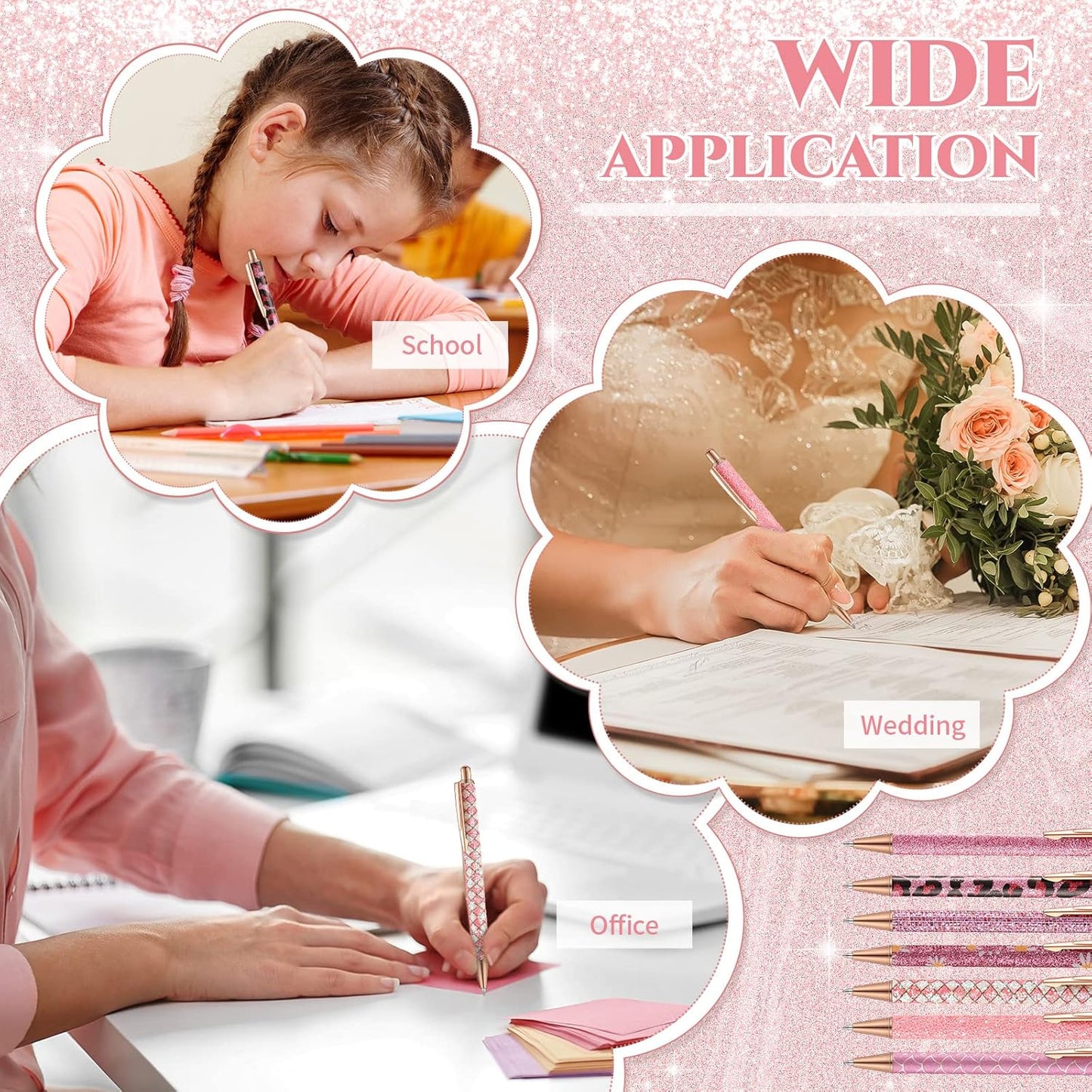 Sherr 7 Pcs Fancy Pens for Women Cute Sparkly Glitter Pens with 10 Pcs Black Ink Refills Pretty Gifts for Girls Office School Christmas Graduation(Cute)