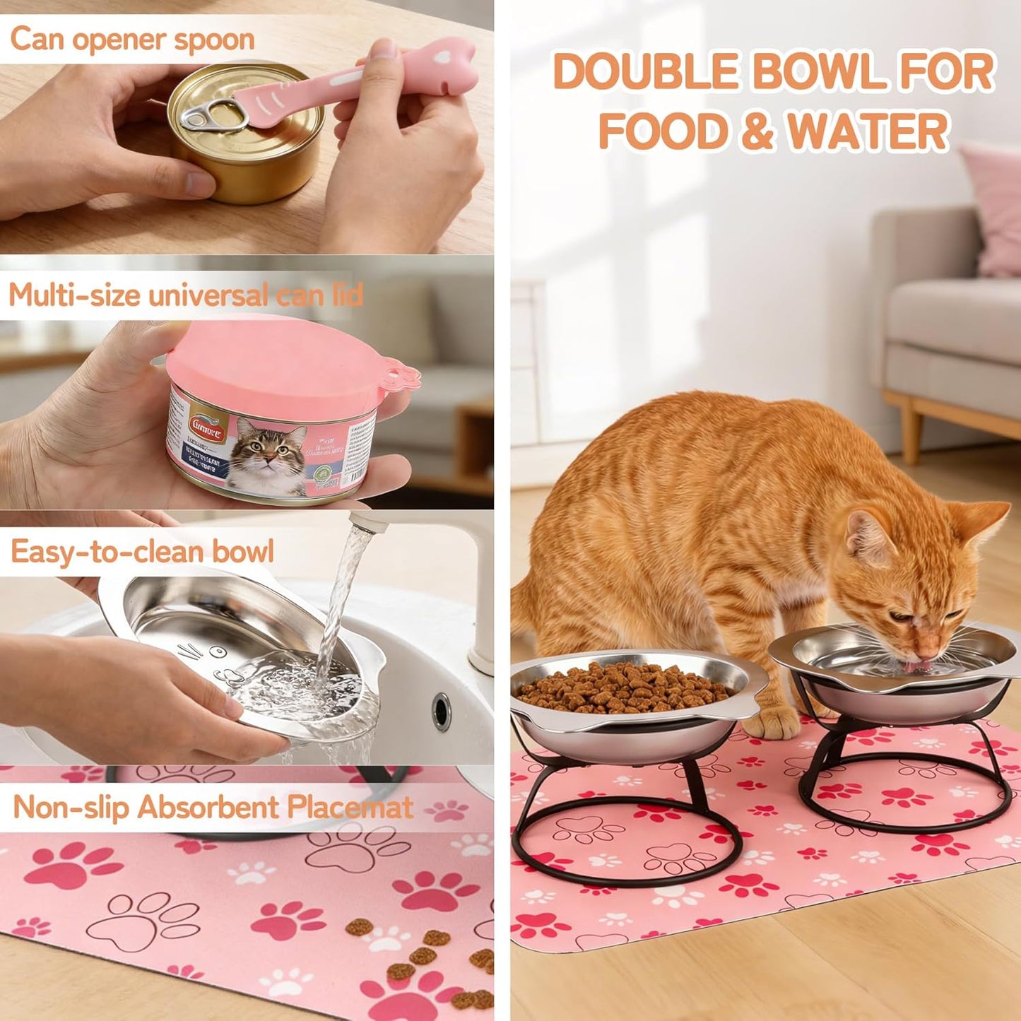 2-Pack Elevated Cat Bowls with Non-Slip Mat, 15°Tilted 7.1" Wide Raised Stainless Steel Cat Food Dishes, Whisker Friendly Bowls for Neck Stress-Free Anti-Vomiting Feeding for Cats & Small Dogs