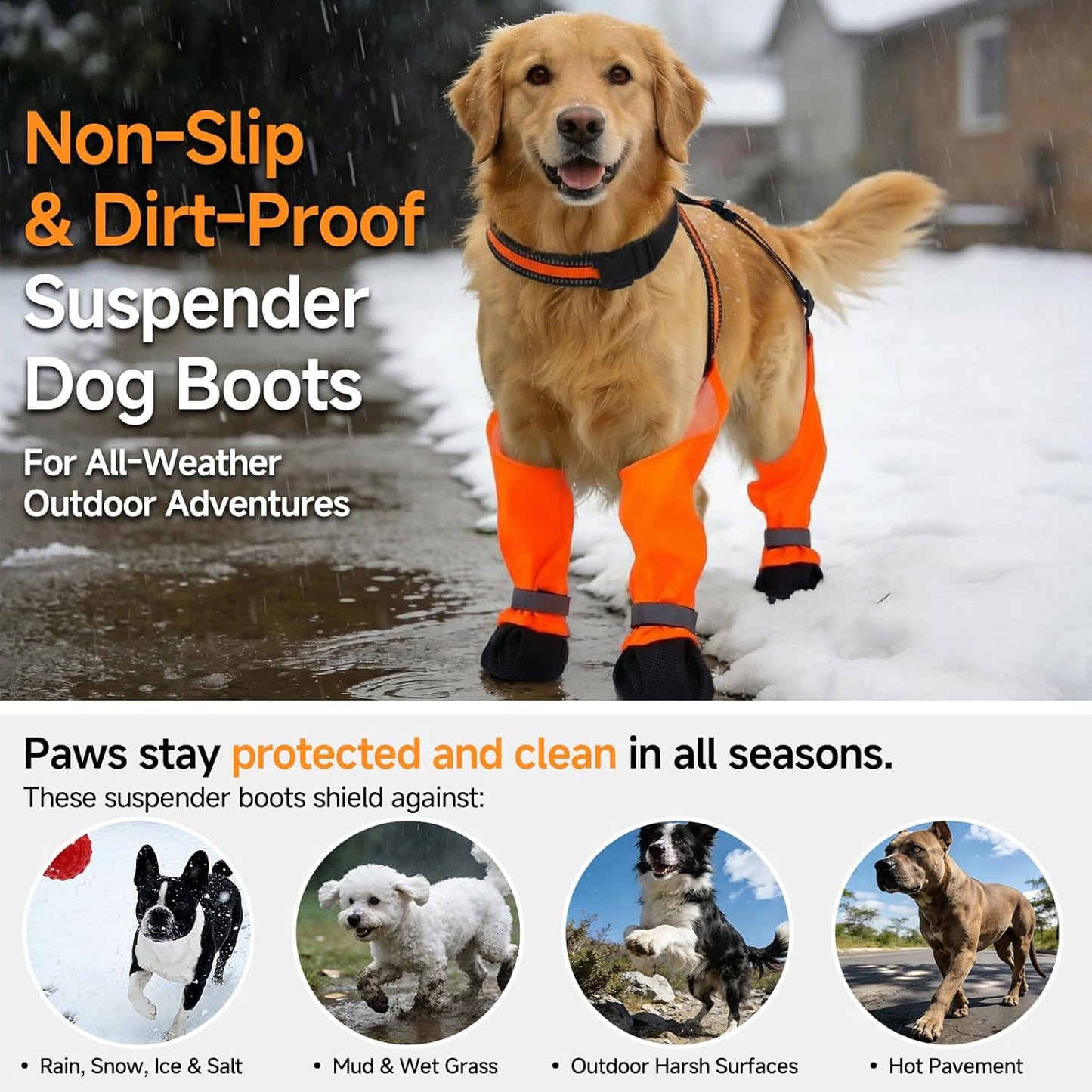 Stay-On Dog Suspender Boots for Rain, Snow & Mud, – Reflective & Waterproof Paw Protectors, Adjustable Non-Slip Dirt-Proof Winter Shoes for Walking, Hiking, Running, Orange, Size XL