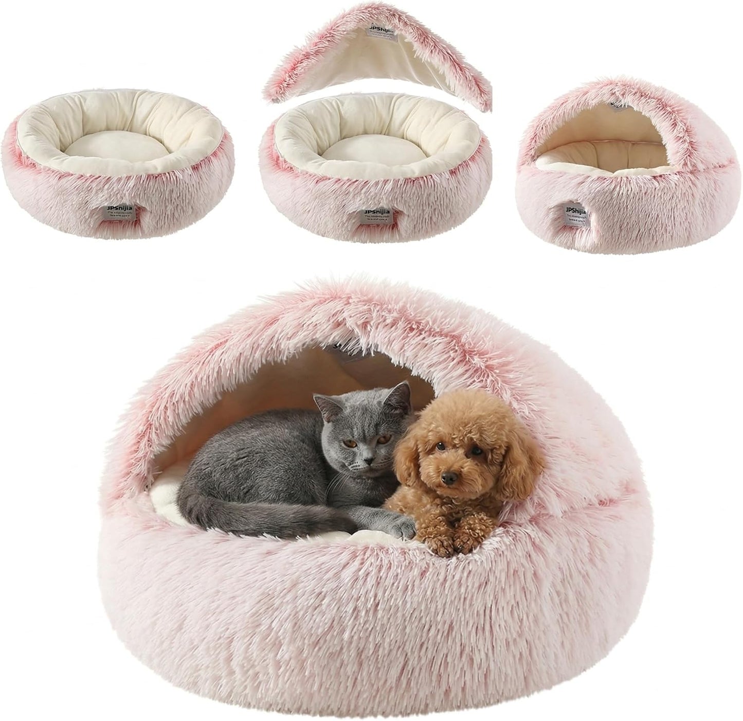 Cat Cave Bed, Dog Bed with Cover, that is, Warm, Full of Security, The Cover Can Be Removed to Become a Doughnut Bed, Suitable for All Seasons (Cave Bed - Pink, Medium 19.7 Inches)