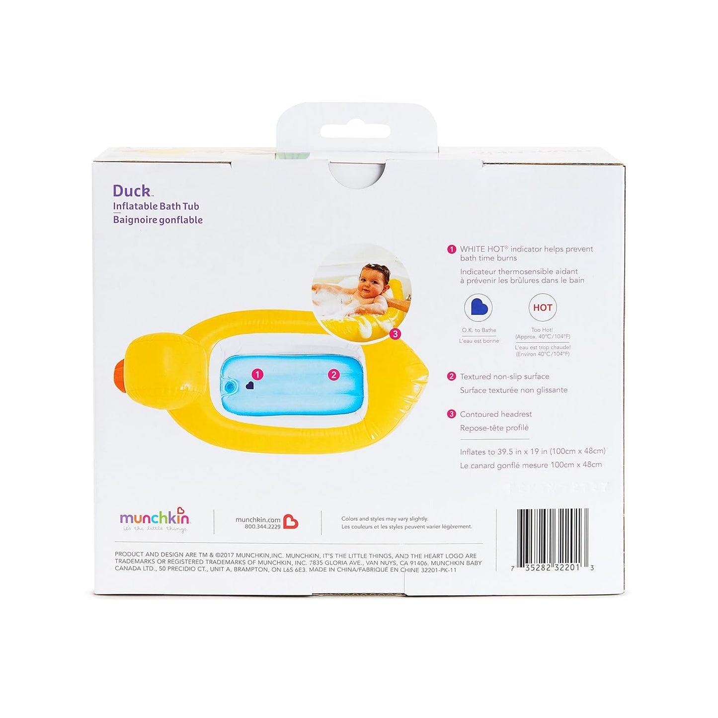 Munchkin Duck Inflatable Baby Bathtub for Babies 6-24 Months, White Hot Heat Alert, Great for Home or Travel, Classic Yellow Ducky