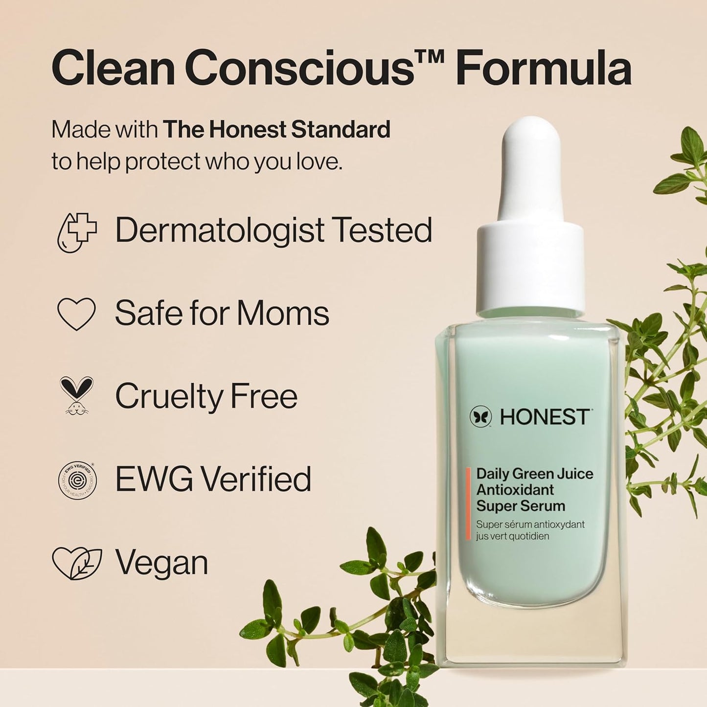 Honest Beauty Daily Green Juice Antioxidant Super Serum, Improves Skin Tone Texture, Gentle for Sensitive Skin, Fragrance-Free Vegan, 1 fl oz