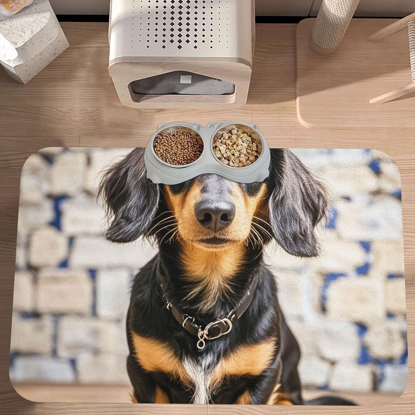 Pet Feeding Mat Leather Dog Food Mat Waterproof Pet Tablecloth Long haired Dachshund Pet Placemat for Dogs Absorbent Dog Bowl Mat Anti-Slip Dogs Mats for Food and Water