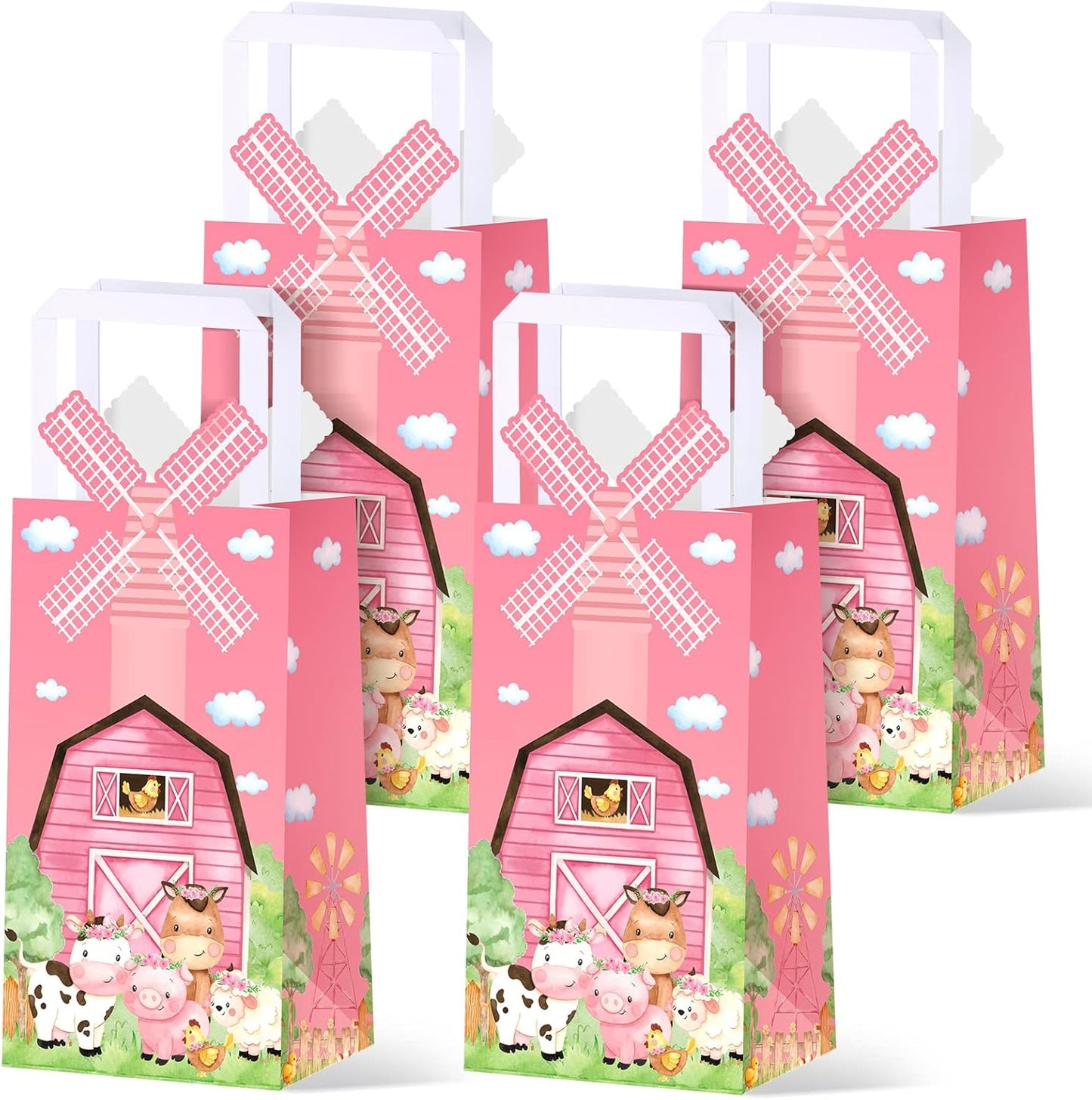 16 Pcs Pink Farm Animal Party Favor Bags Kraft Paper Goodie Bags with Handle 3D Pinwheel Double-sided Printing Treat Bag for Birthday Gender Reveal Barnyard Farm Themed Party Supplies