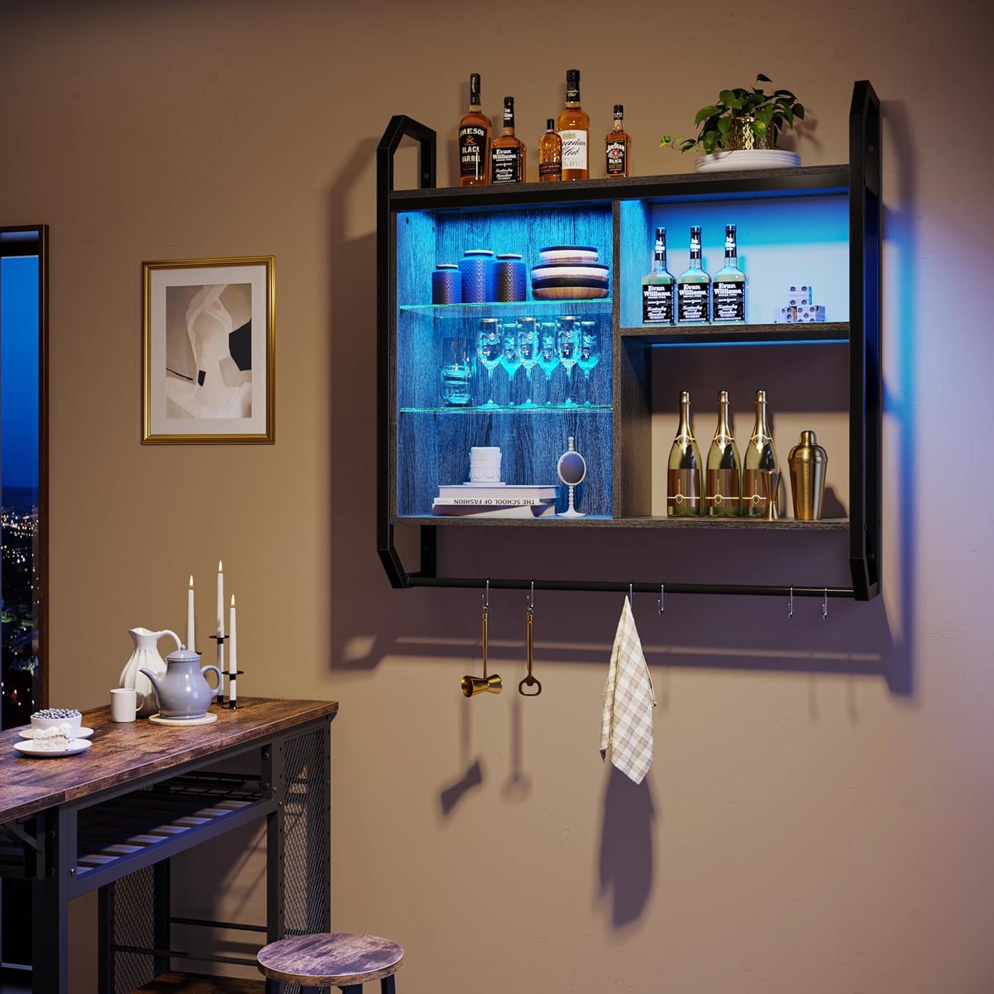 Bestier Gaming Floating Shelves, 34" LED Wall Mounted Shelf with Adjustable Glass Shelf, Pipe Shelves Hanging Display Rack Bookshelf with 6 S-Hook, Gaming Room Decor Wine Coffee Bar Black