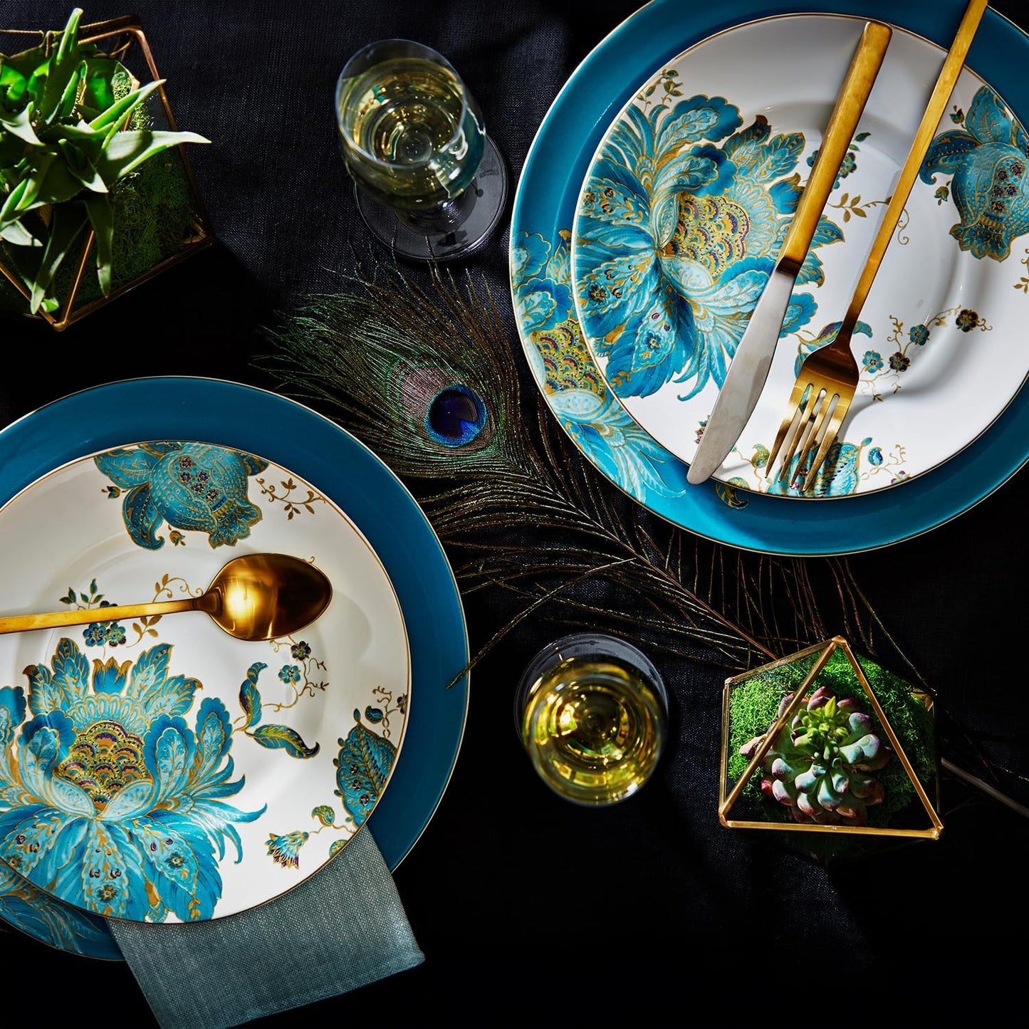 222 Fifth 16-Piece Porcelain Dinnerware Set for 4, Elegant Floral Plates and Bowls Sets-White, Teal, Gold Ceramic Dishes, Chip Resistant Kitchen and Dining Dish Set, Microwave & Dishwasher Safe, Eliza