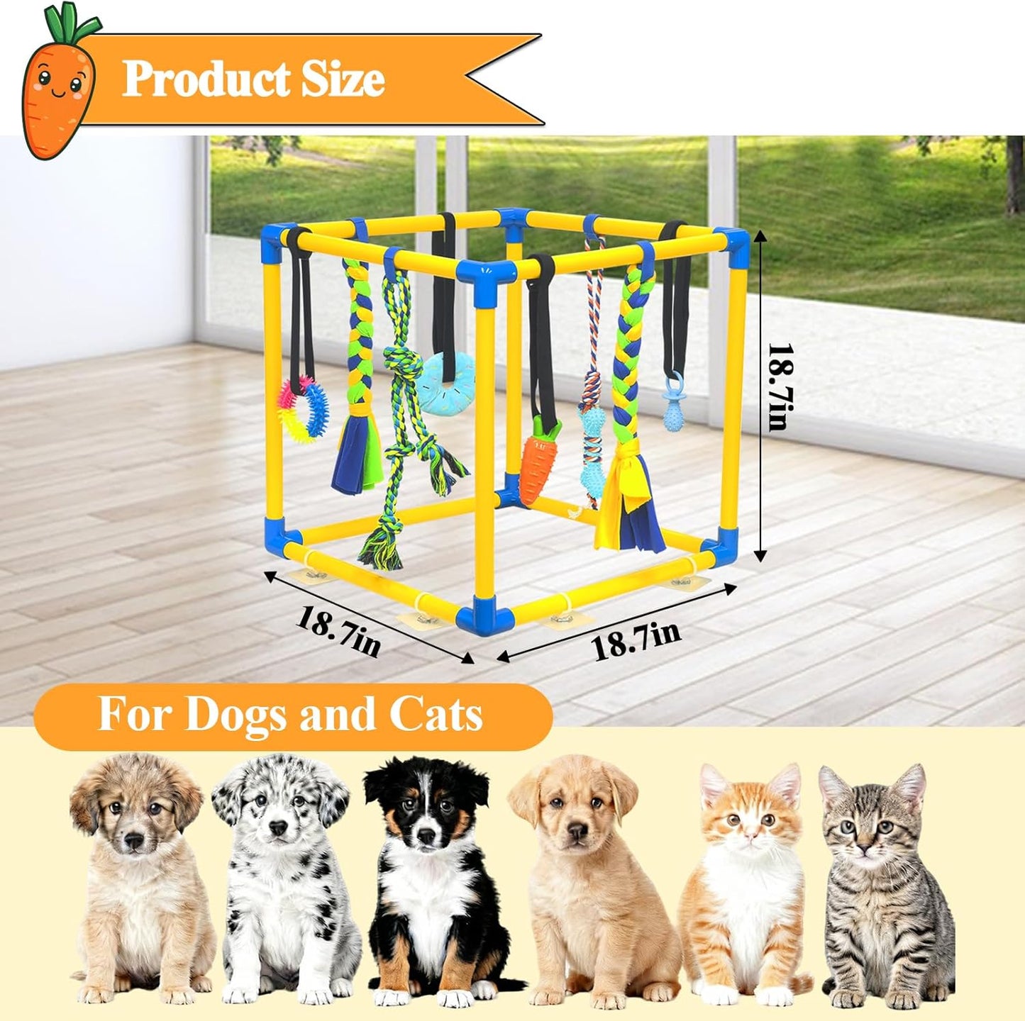 Puppy Play Gym with 8 Hanging Toys for Teething &Chewing, Interactive Activity Center for Small Dogs to Relieve Boredom & Anxiety, Indoor Enrichment Toys to Keep Them Busy (Square)