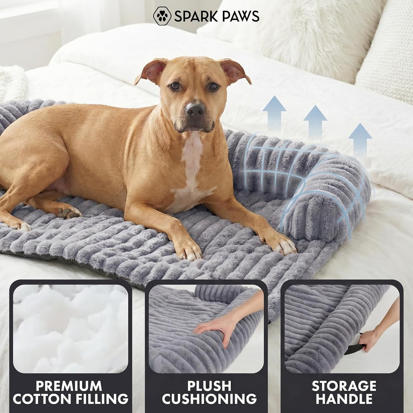 Spark Paws Luxury Dog Couch Cover Bed, Calming Pet Furniture Protector for Large & Small Dogs, Washable Bolster Dog Bed for Couch, Sofa & Bed - Grey, XL