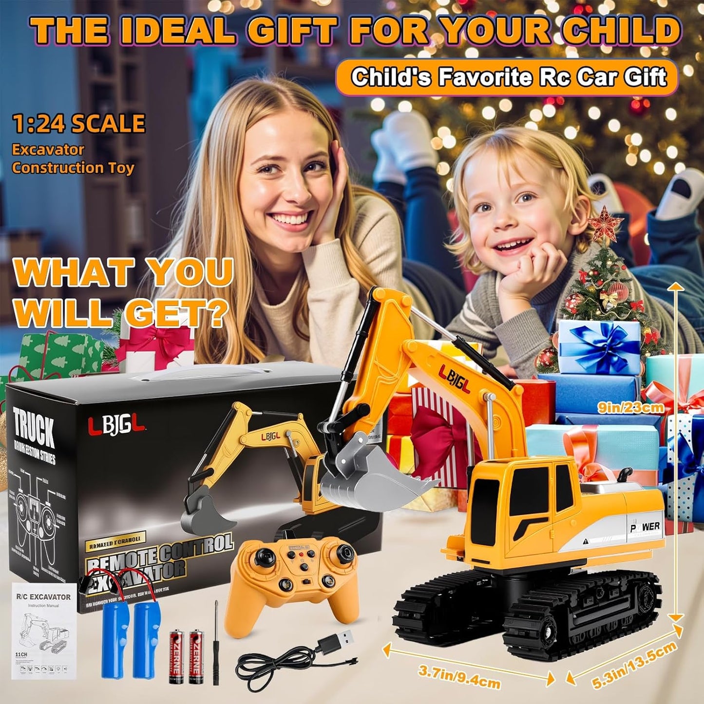 Remote Control Excavator Toy for Boys Kids, 1:24 RC Construction Vehicles with Metal Shovel, Realistic Lights & Sounds, Best Christmas | Birthday Gift for Boys & Girls 3-5 4-7 8-12 12+ Year Old Kids