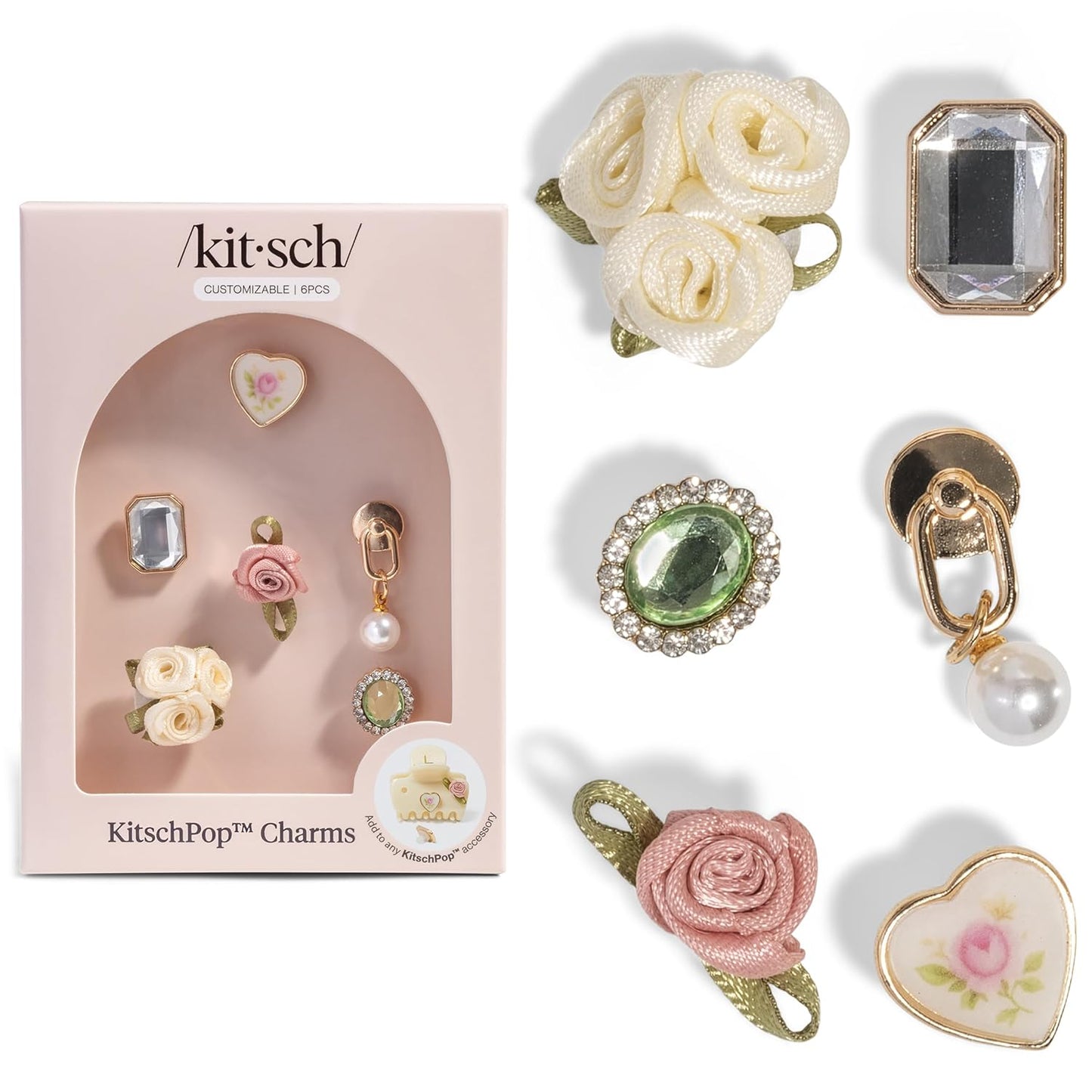 KitschPop™Charm Sets – Interchangeable Charms For Hair Clips, Hair Brushes | Durable Assorted Cute Charms | Compatible with KitschPop™ Hair Accessories - Vintage Ivory, 6pcs
