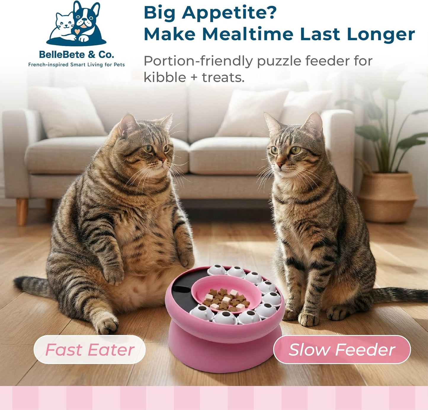 BelleBête & Co. 2-in-1 Elevated Cat Slow Feeder Bowl – 15° Tilted Interactive Puzzle Feeder with Rotate-to-Feed & Non-Slip Base, Anti-Gulping & Digestive Health for Indoor Cats | Pink