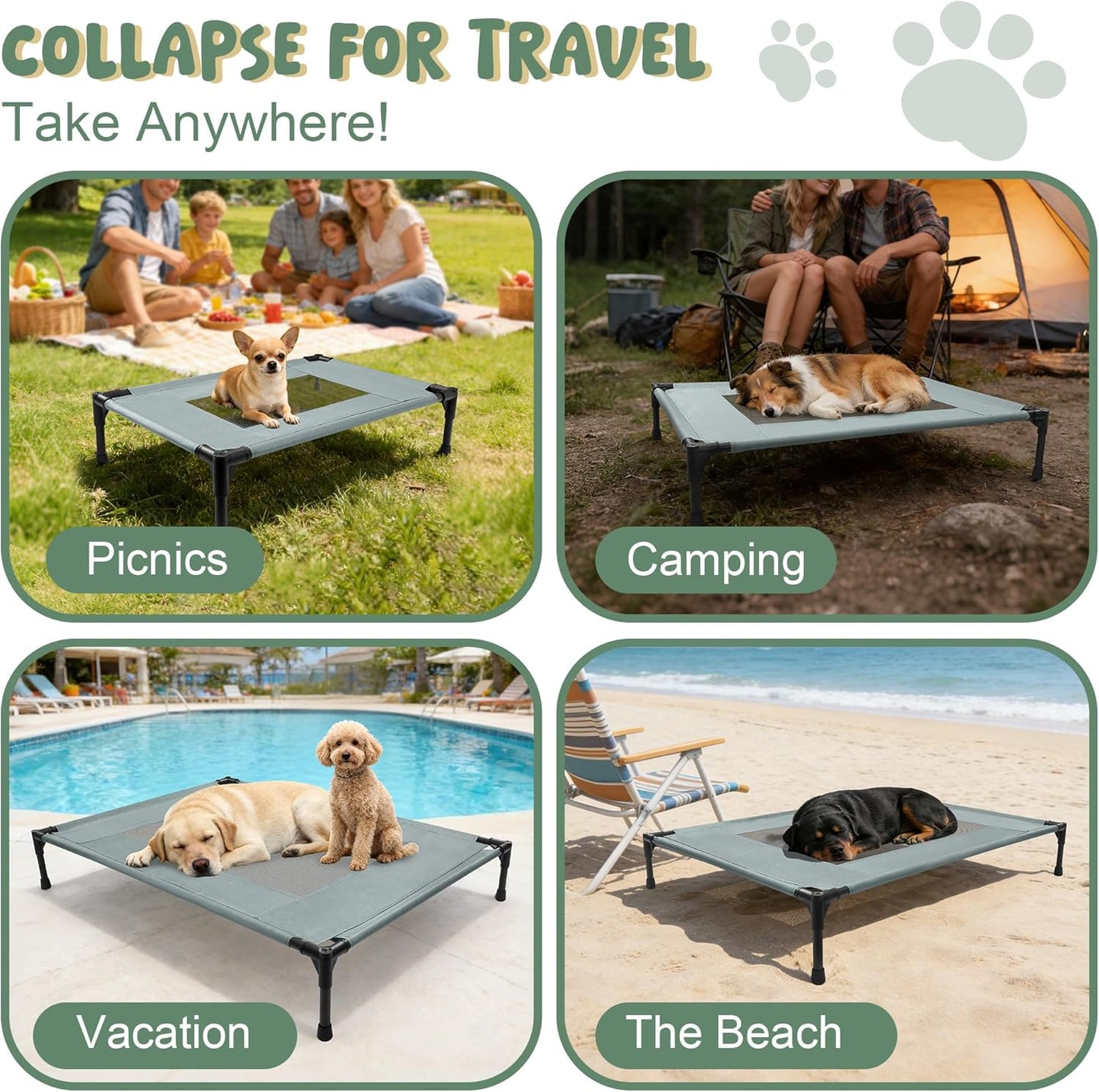 Elevated Dog Bed for Large Dogs - Outdoor Cooling Cot with Washable Breathable Mesh, Portable Raised Pet Bed with Non-Slip Feet & Waterproof Teslin, Heavy Duty & Chew Proof for Camping (Grey, Large)