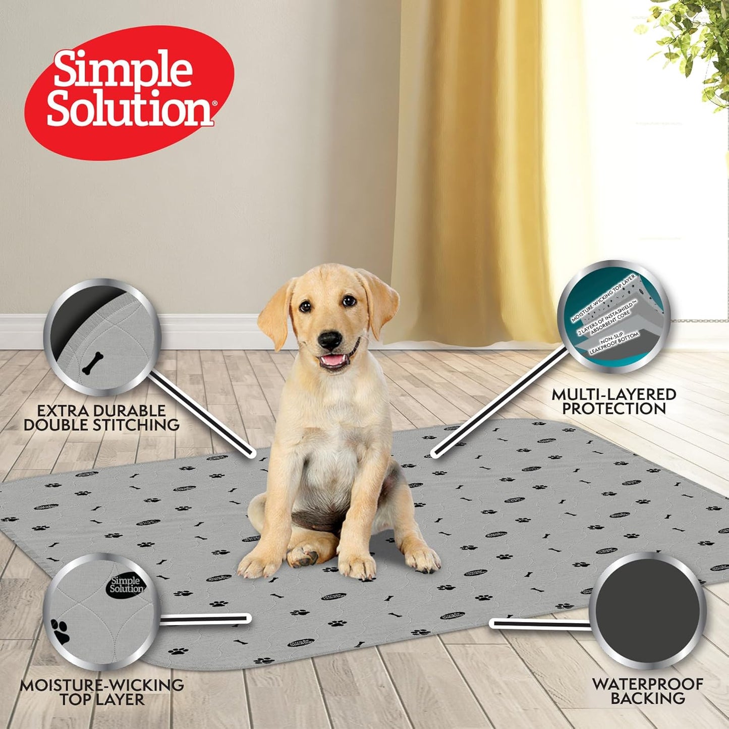 Simple Solution Large Washable Puppy Pad | Reusable Dog Pee Pad | Absorbent and Odor Controlling | 34x36 Inches, 2 Count,White