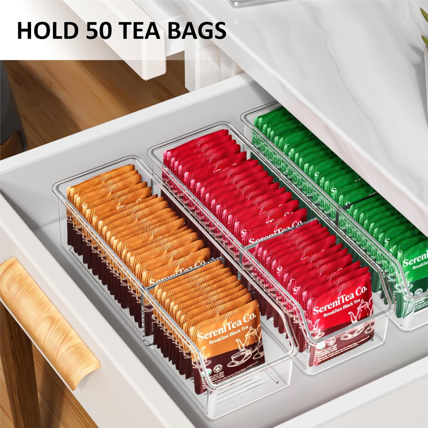 Tea Bag Organizer, Tea Bag Holder Box Storage Bin, Clear Tea Packet Plastic Drawer, Sugar Packet, Coffee, Condiment, Spice Bag Holder for Kitchen Cabinet, Countertop, Fridge