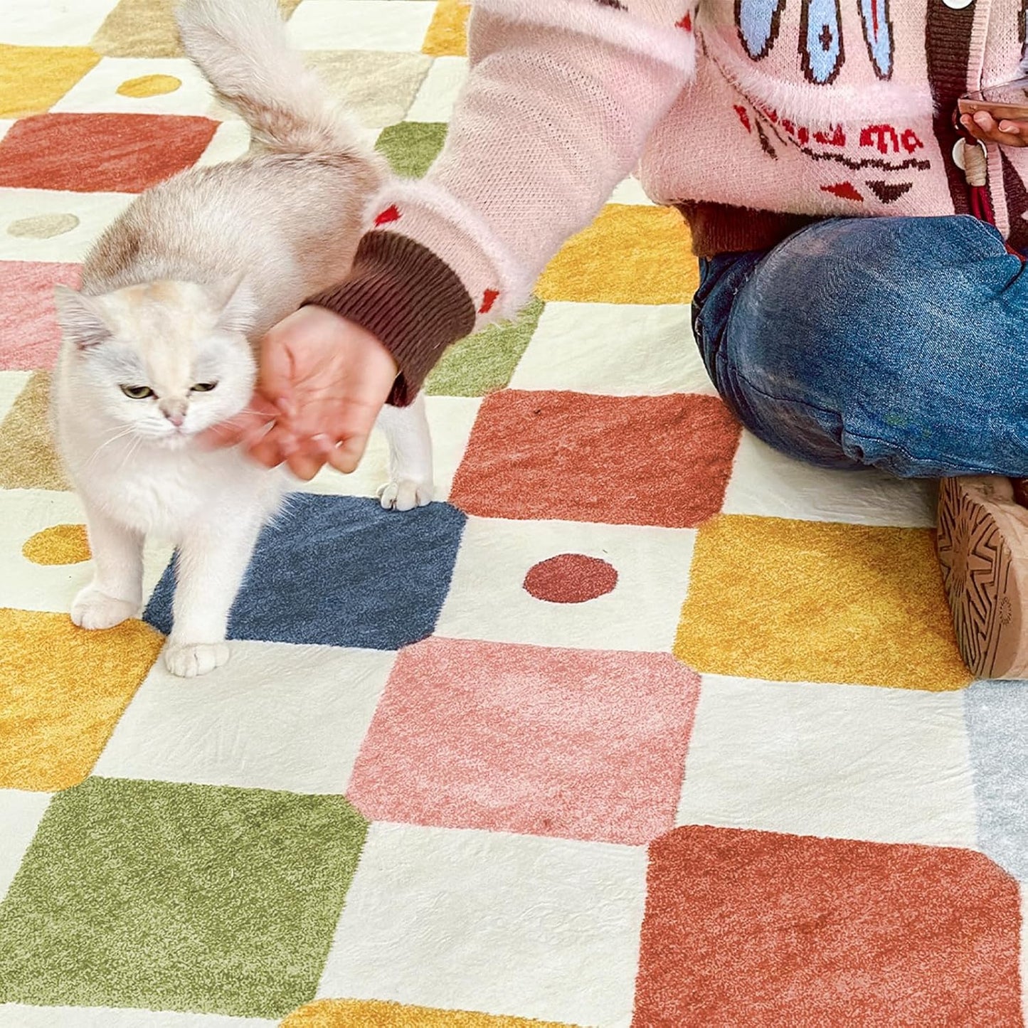 jinchan Macy 5x7 Area Rug for Kids Room Modern Colorful Checkered Diamond Nursery Rug Indoor Washable Soft Non Slip Carpet for Playroom Classroom Bedroom Dorm Daycare Living Room Circus on Cream