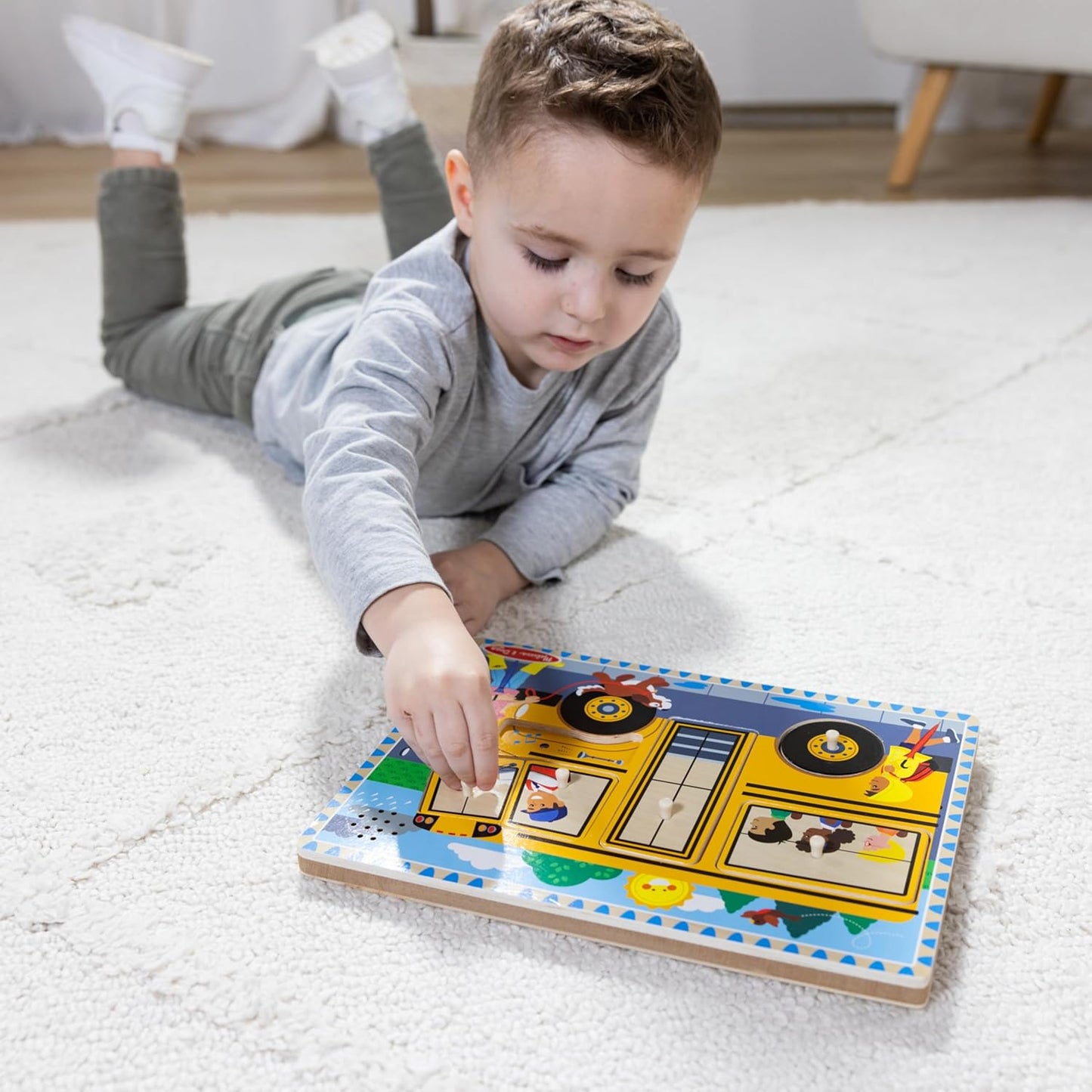 Melissa & Doug The Wheels on The Bus Song Puzzle – 8-Piece Wooden Peg Puzzle with Light-Activated Sounds, Music Learning Toy for Toddlers and Preschoolers Ages 2+