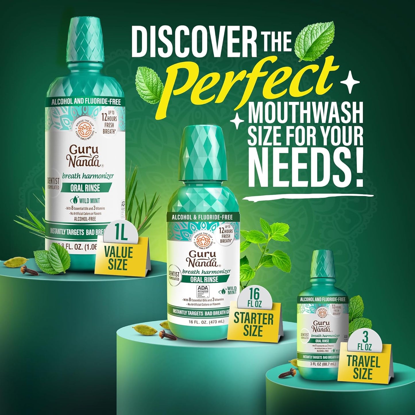 GuruNanda Fresh Breath Mouthwash, ADA-Accepted, Alcohol & Fluoride-Free, Sodium Chlorite, Essential Oils & Vitamins, 12-Hrs Fresh Breath, Wild Mint, 33.8 oz