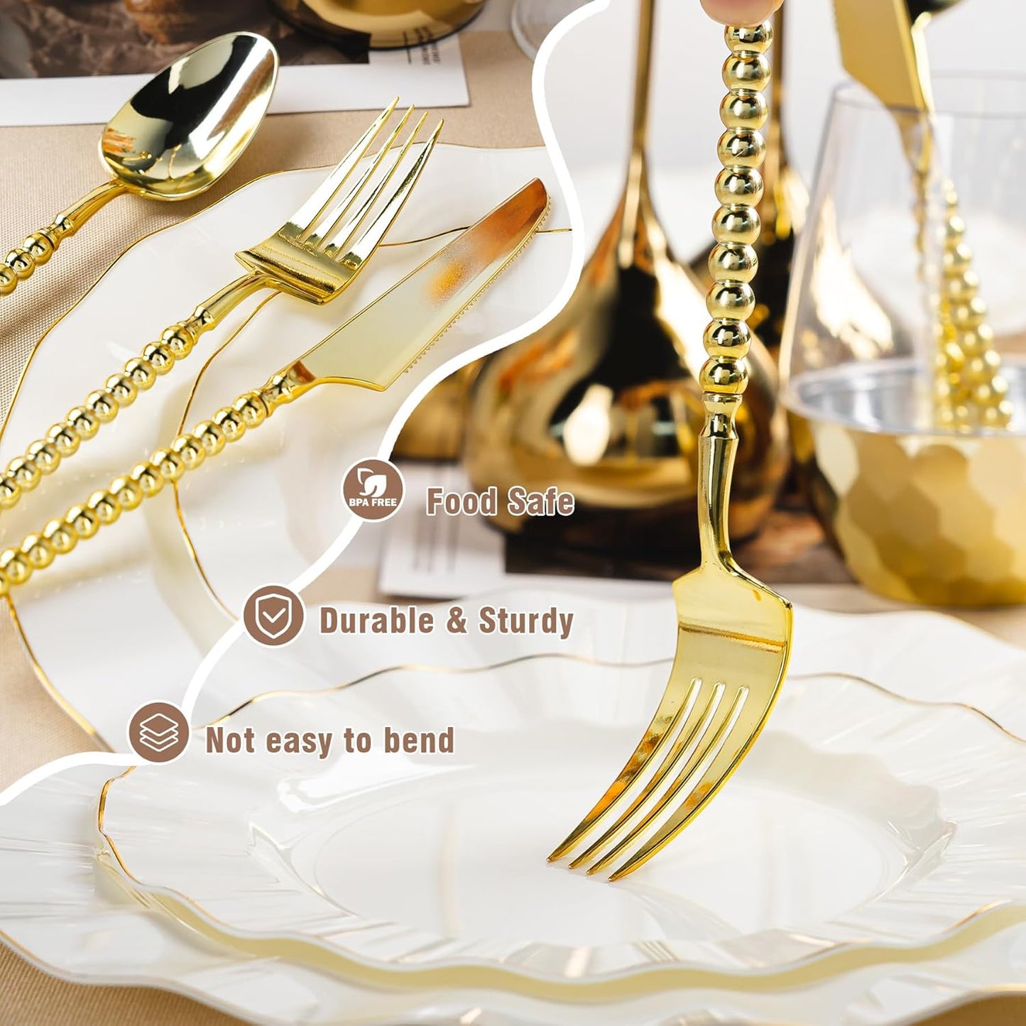 300PCS Gold Plastic Silverware, Heavy Duty utensils, Disposable Plastic Cutlery Silverware Include 100 Forks, 100 Knives, 100 Spoons for Party and Wedding, Gold Bead