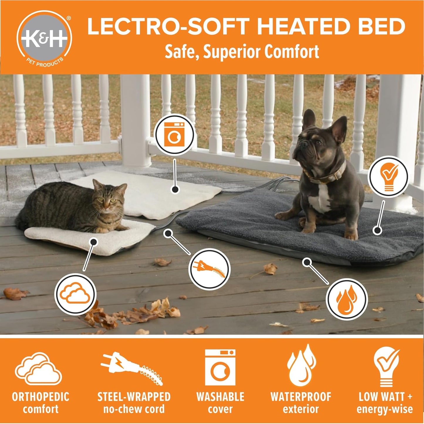 K&H Pet Products Lectro-Soft Orthopedic Outdoor Heated Dog and Cat Bed for Medium Dogs or Big Cats, Soft/Flexible Safety Listed Warming Pad, Waterproof, Washable Cover - Medium 24 X 19in Gray 40W