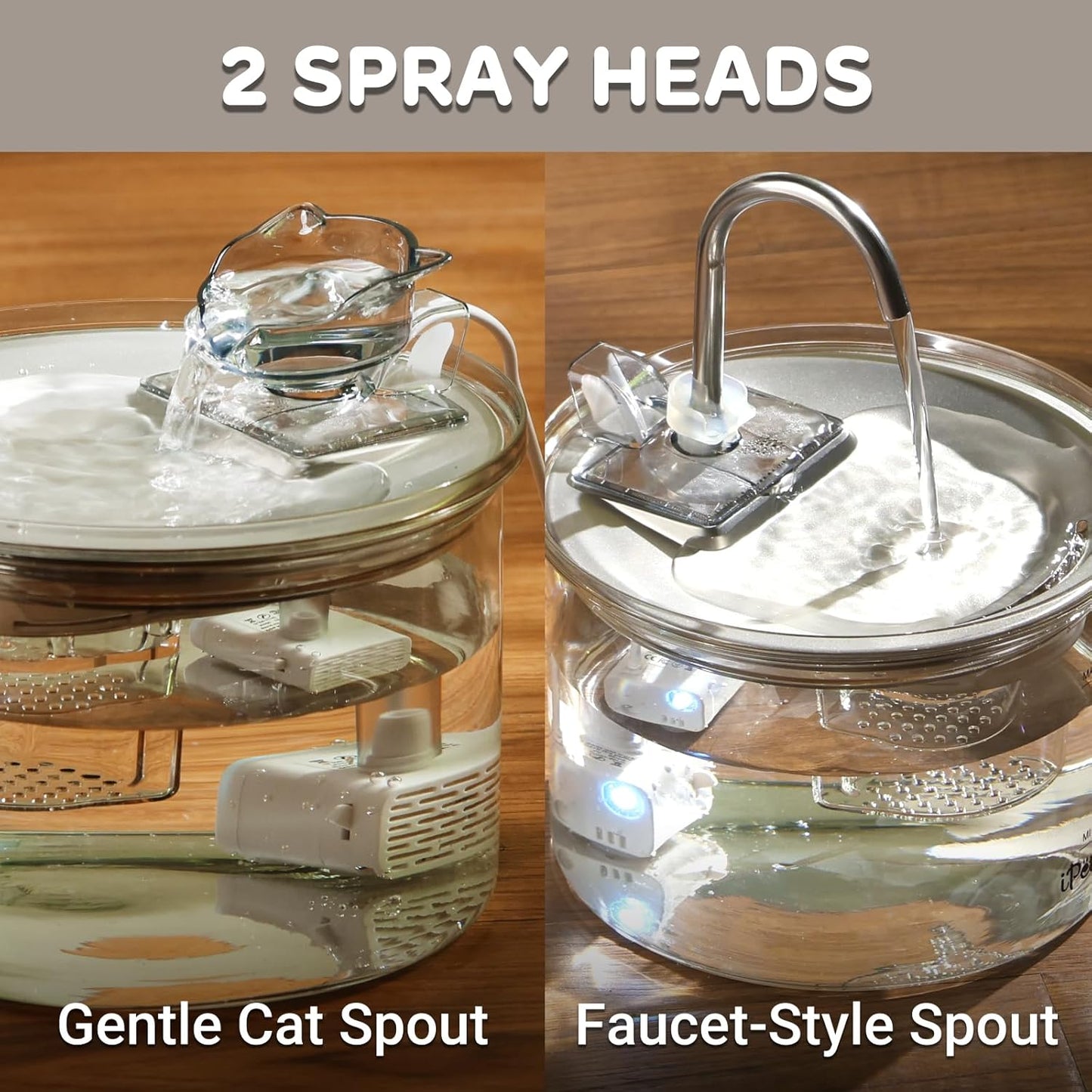 iPettie Glass Cat Water Fountain, Kitty Spout Water Fountain 68oz/2L for Cats Dogs with 2 Spray Heads, 3-Stage Filtration, Automatic Water Dispenser, Glass & Stainless Steel