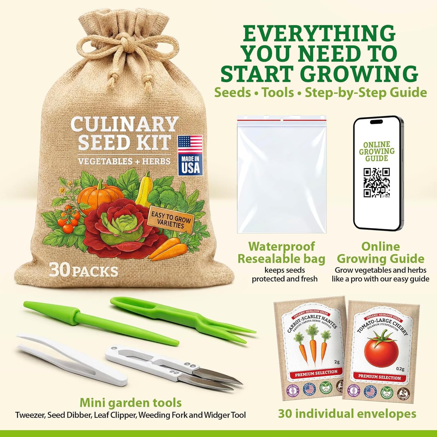 Culinary Vegetable & Herb Seeds Variety Pack - 30 Heirloom Non-GMO Garden Seeds for Planting, Seed Kit with Tools, Made in USA