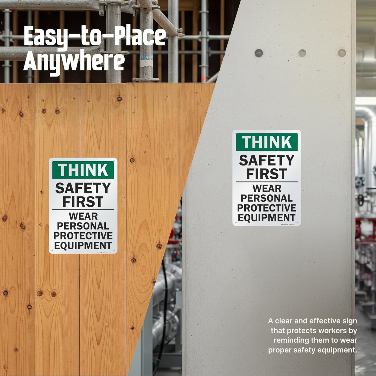SmartSign - S-2917-AL-14 "Think Safety First - Wear Personal Protective Equipment" Sign | 10" x 14" Aluminum 10" x 14" Non-Reflective Aluminum